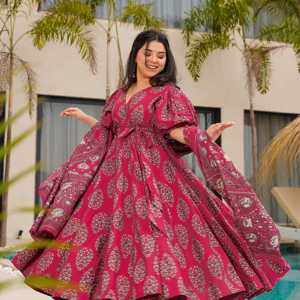 Sonakshi Women's Maharani Mal cottan Digital Print Full Round Flair Anarkali Gown Set With Dupatta - Distacart