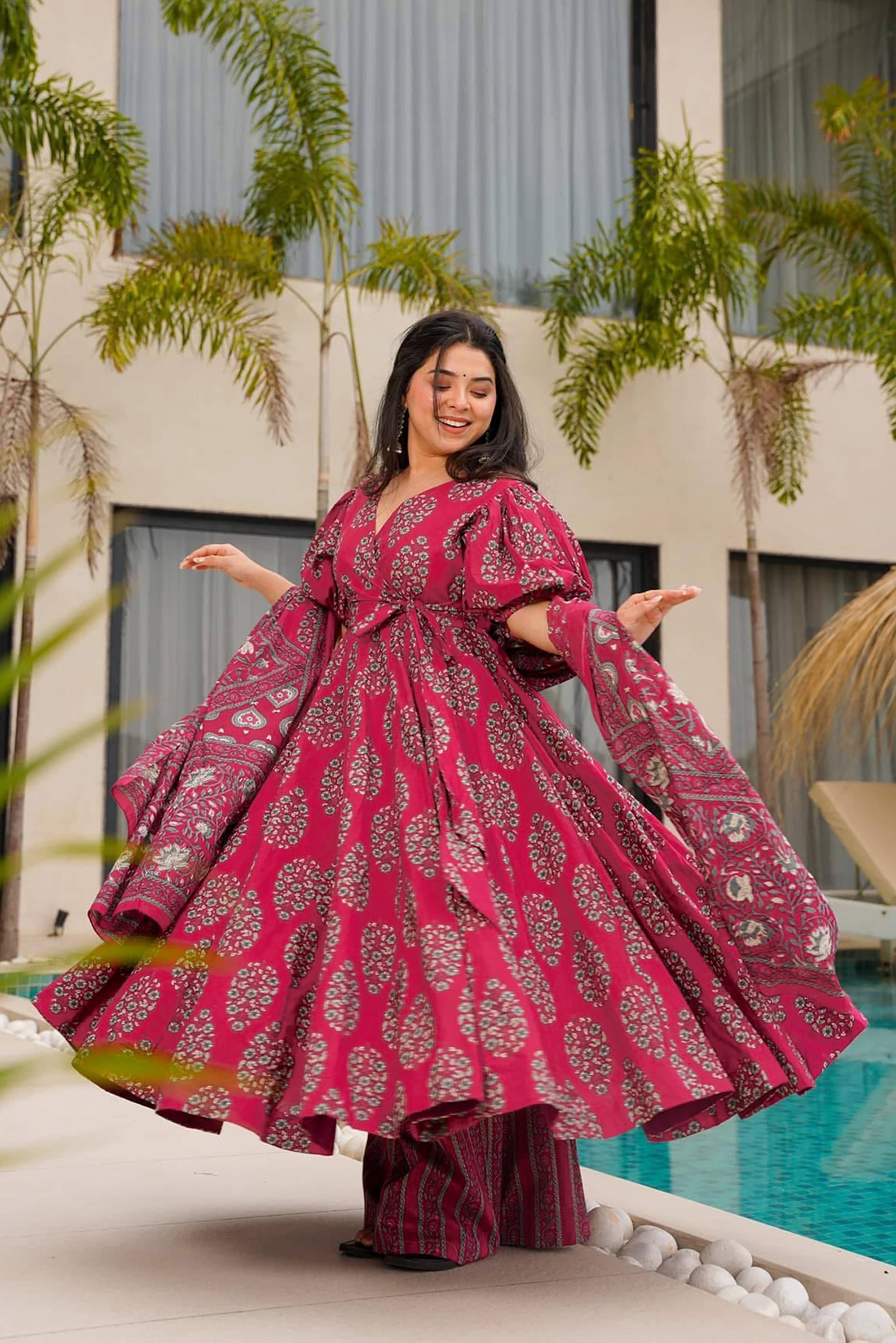 Sonakshi Women's Maharani Mal cottan Digital Print Full Round Flair Anarkali Gown Set With Dupatta - Distacart