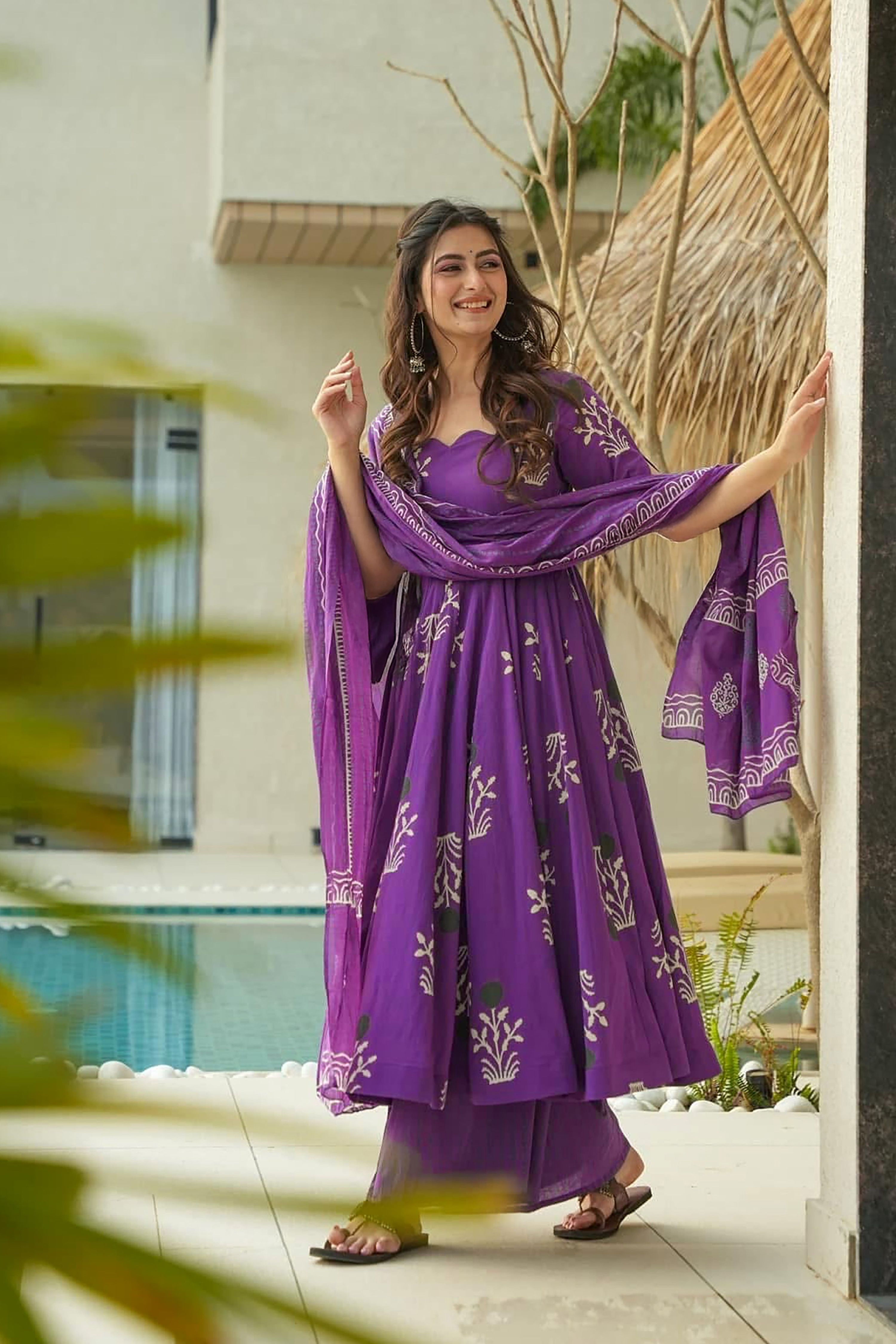 Sonakshi Women's Purple Mal cottan Digital Print Full Round Flair Anarkali Gown Set With Dupatta