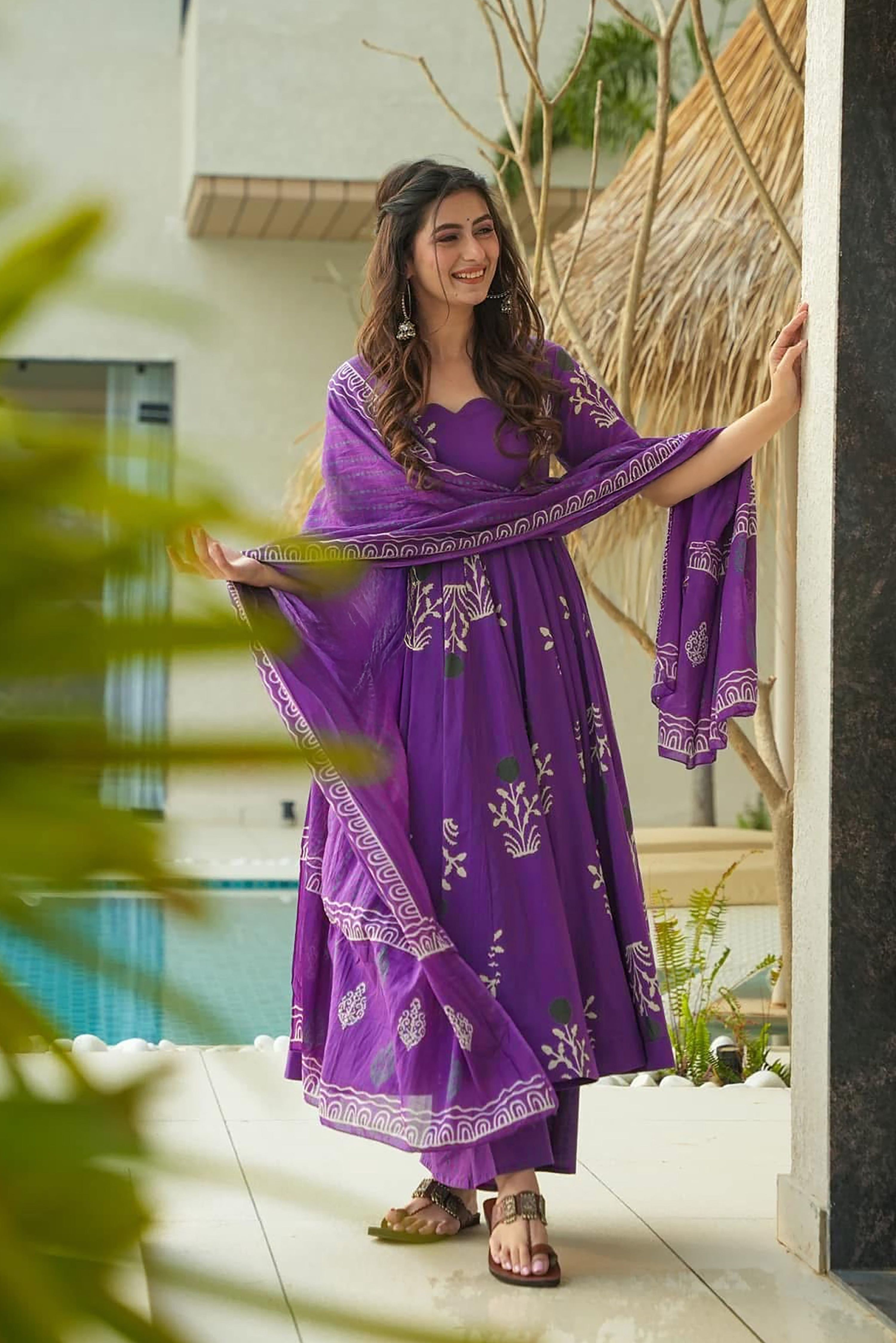 Sonakshi Women's Purple Mal cottan Digital Print Full Round Flair Anarkali Gown Set With Dupatta - Distacart