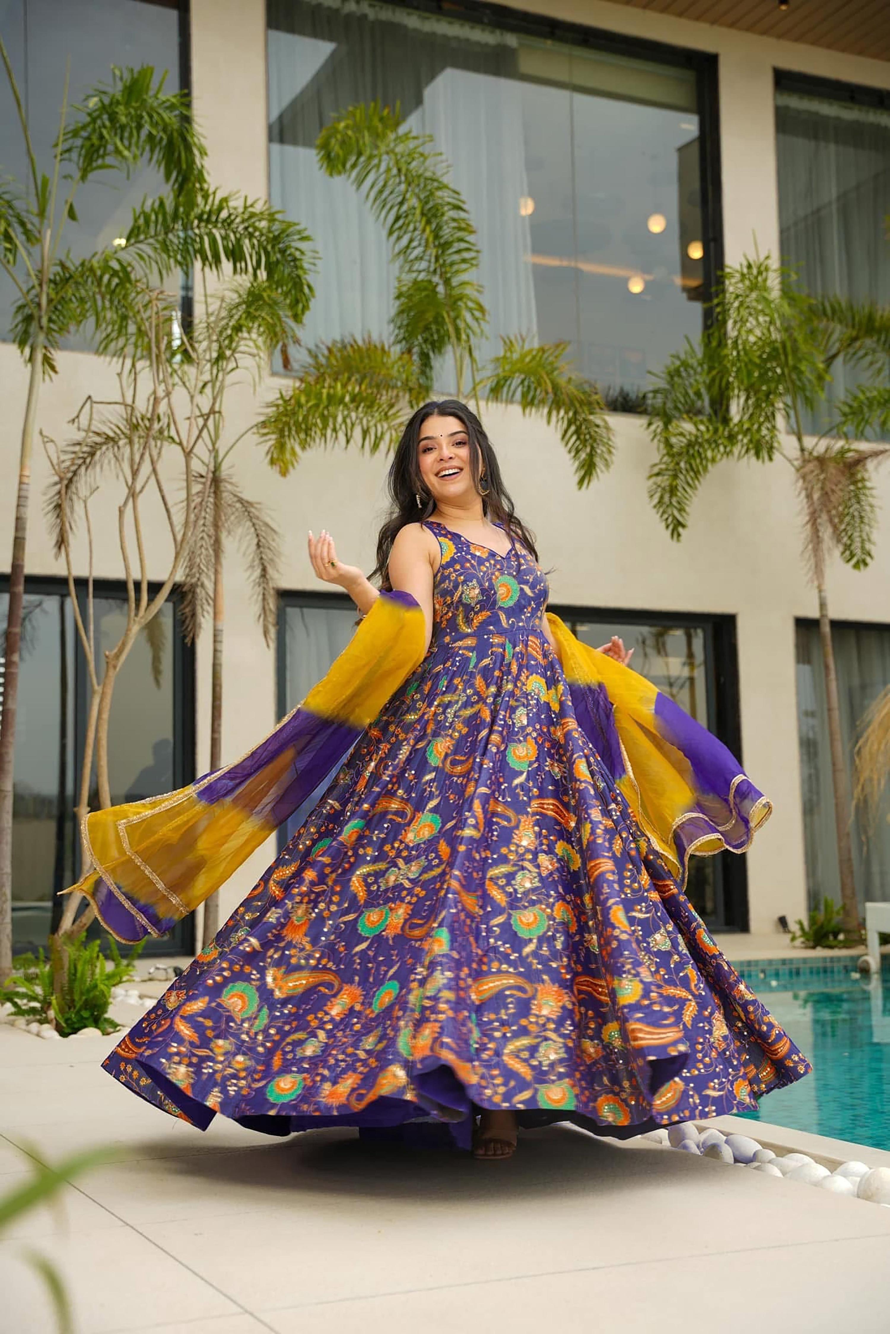 Sonakshi Women's Purple Silk Digital Print Full Round Flair Anarkali Gown Set With Dupatta