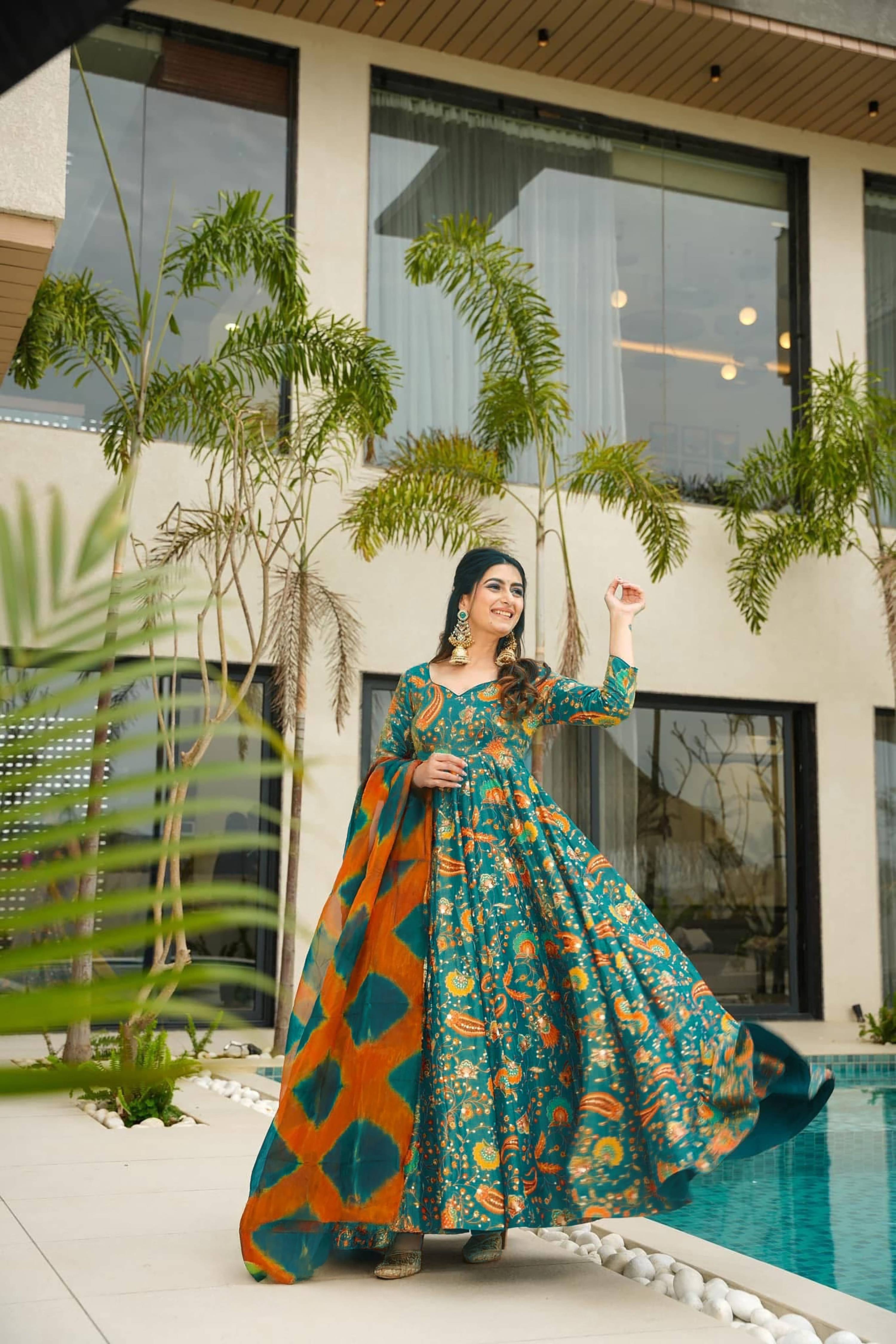 Sonakshi Women's Green Silk Digital Print Full Round Flair Anarkali Gown Set With Dupatta