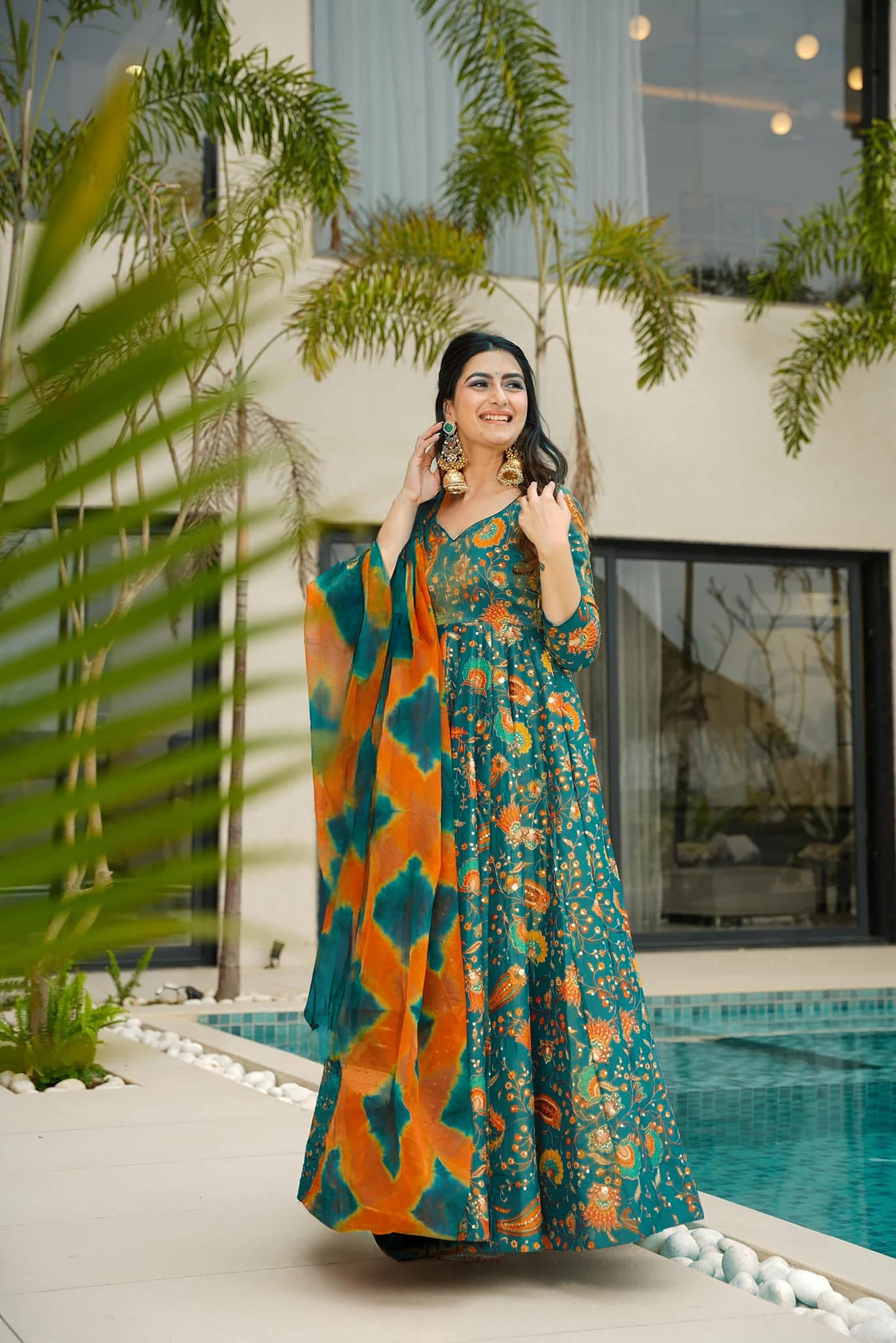 Sonakshi Women's Green Silk Digital Print Full Round Flair Anarkali Gown Set With Dupatta - Distacart