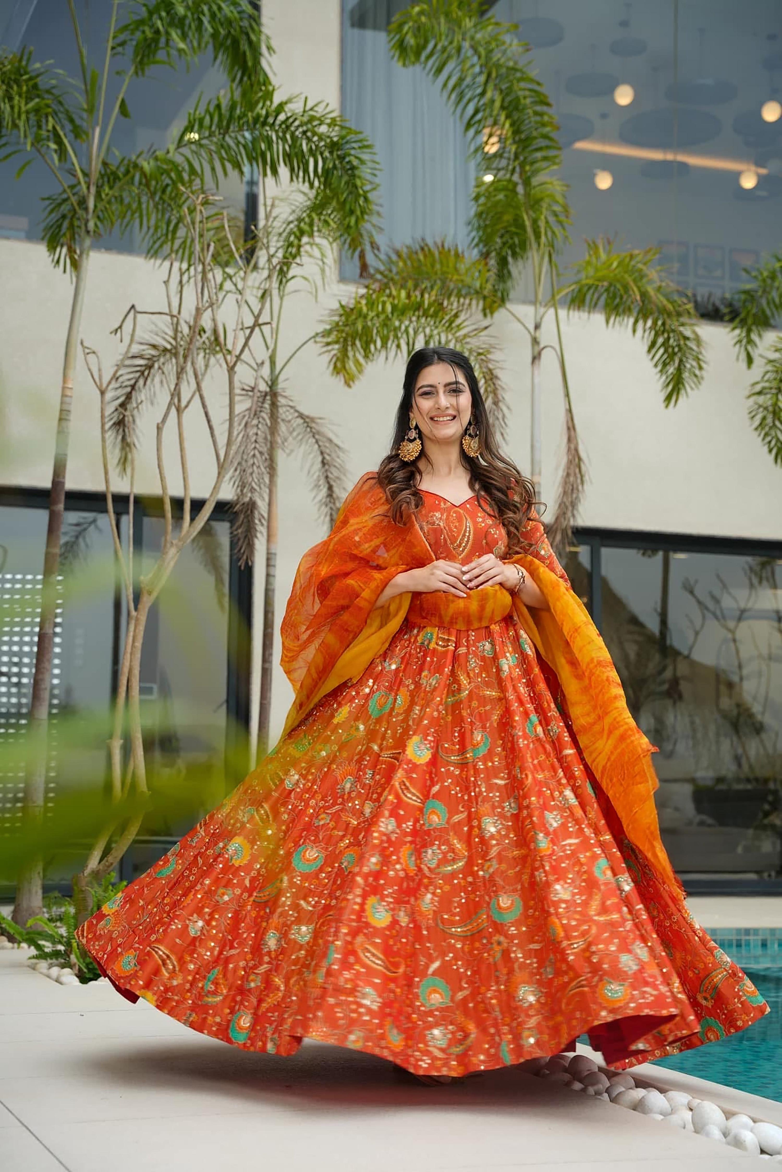 Sonakshi Women's Yellow Silk Digital Print Full Round Flair Anarkali Gown Set With Dupatta - Distacart