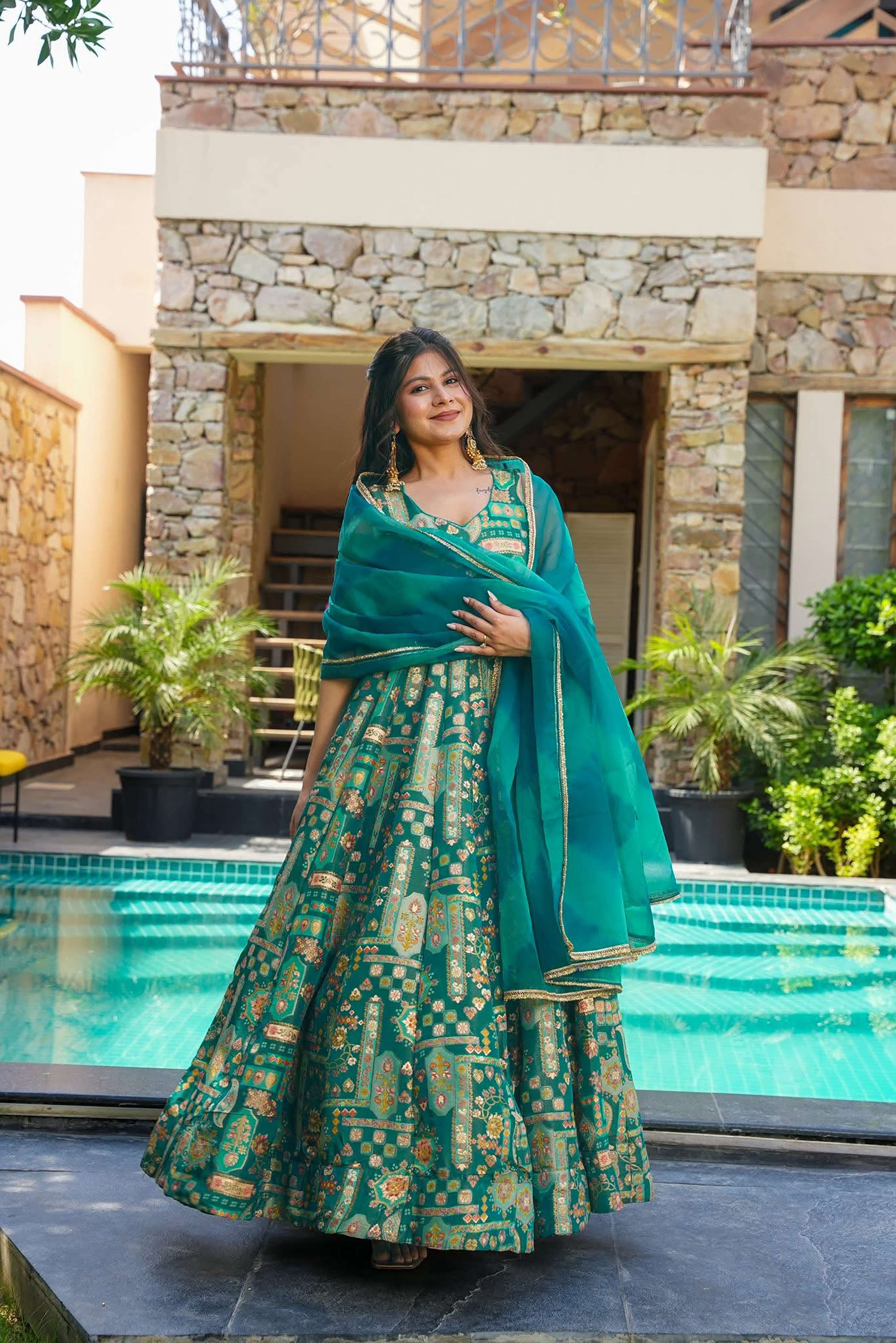 Sonakshi Women's Green Silk Digital Print Full Round Flair Anarkali Gown Set With Dupatta