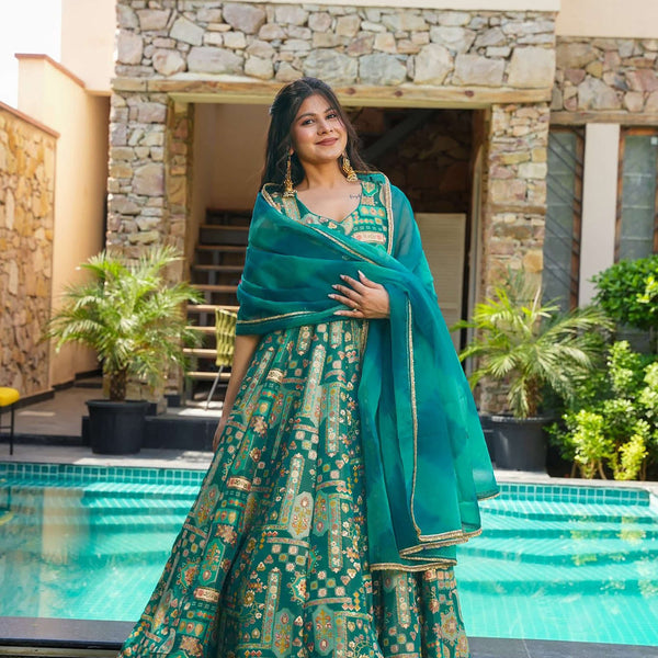 Sonakshi Women's Green Silk Digital Print Full Round Flair Anarkali Gown Set With Dupatta - Distacart