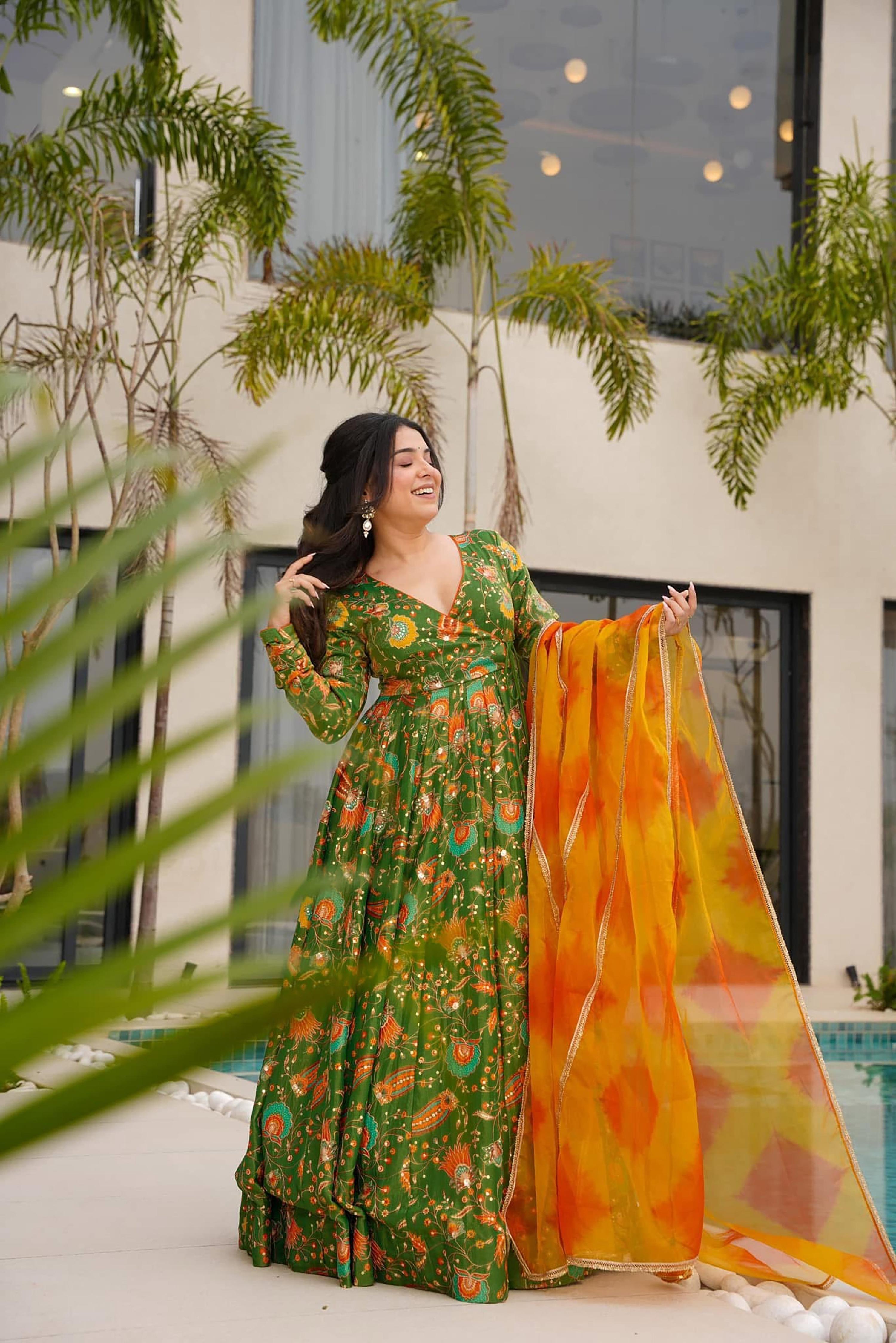 Sonakshi Women's Mehendi Silk Digital Print Full Round Flair Anarkali Gown Set With Dupatta