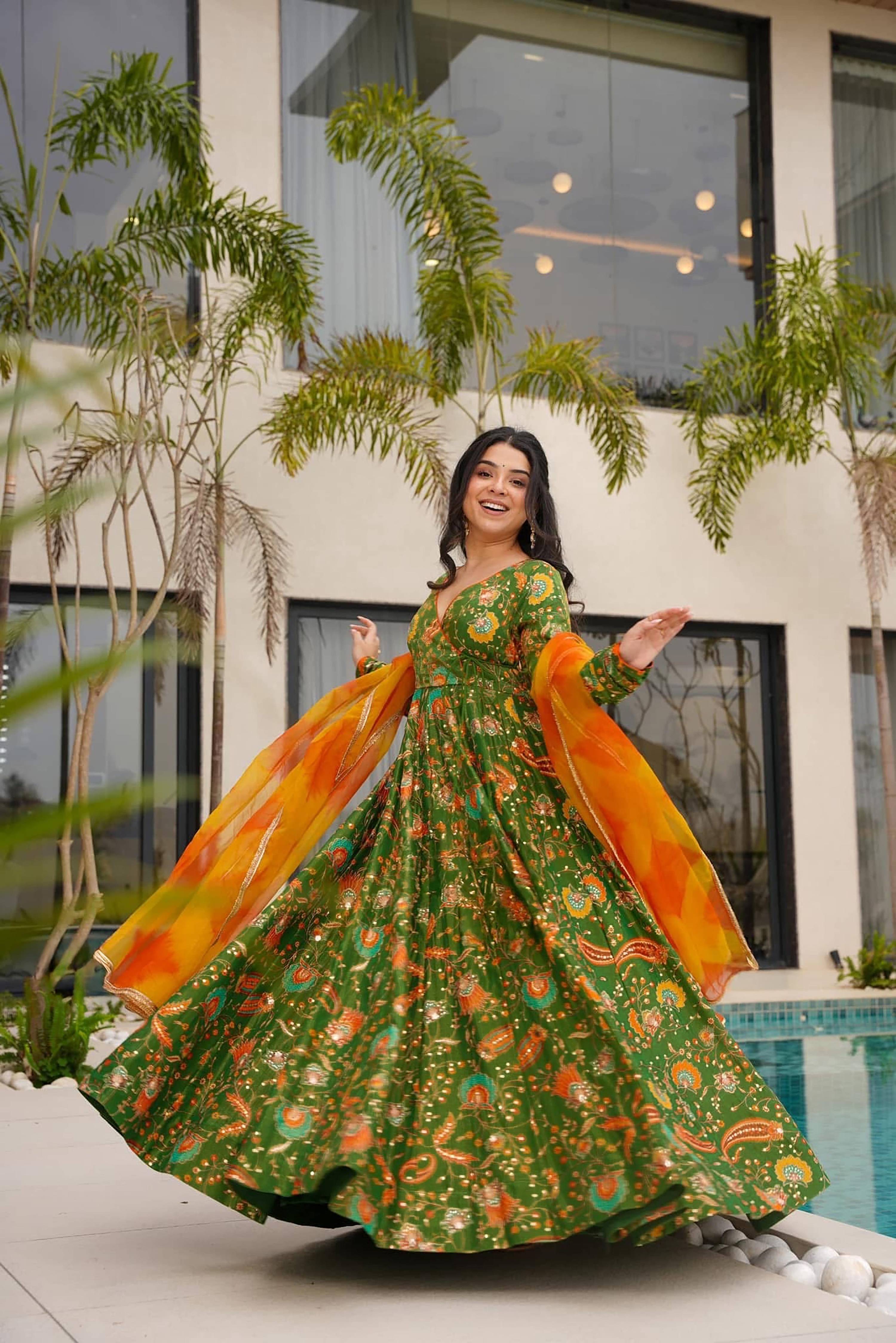 Sonakshi Women's Mehendi Silk Digital Print Full Round Flair Anarkali Gown Set With Dupatta