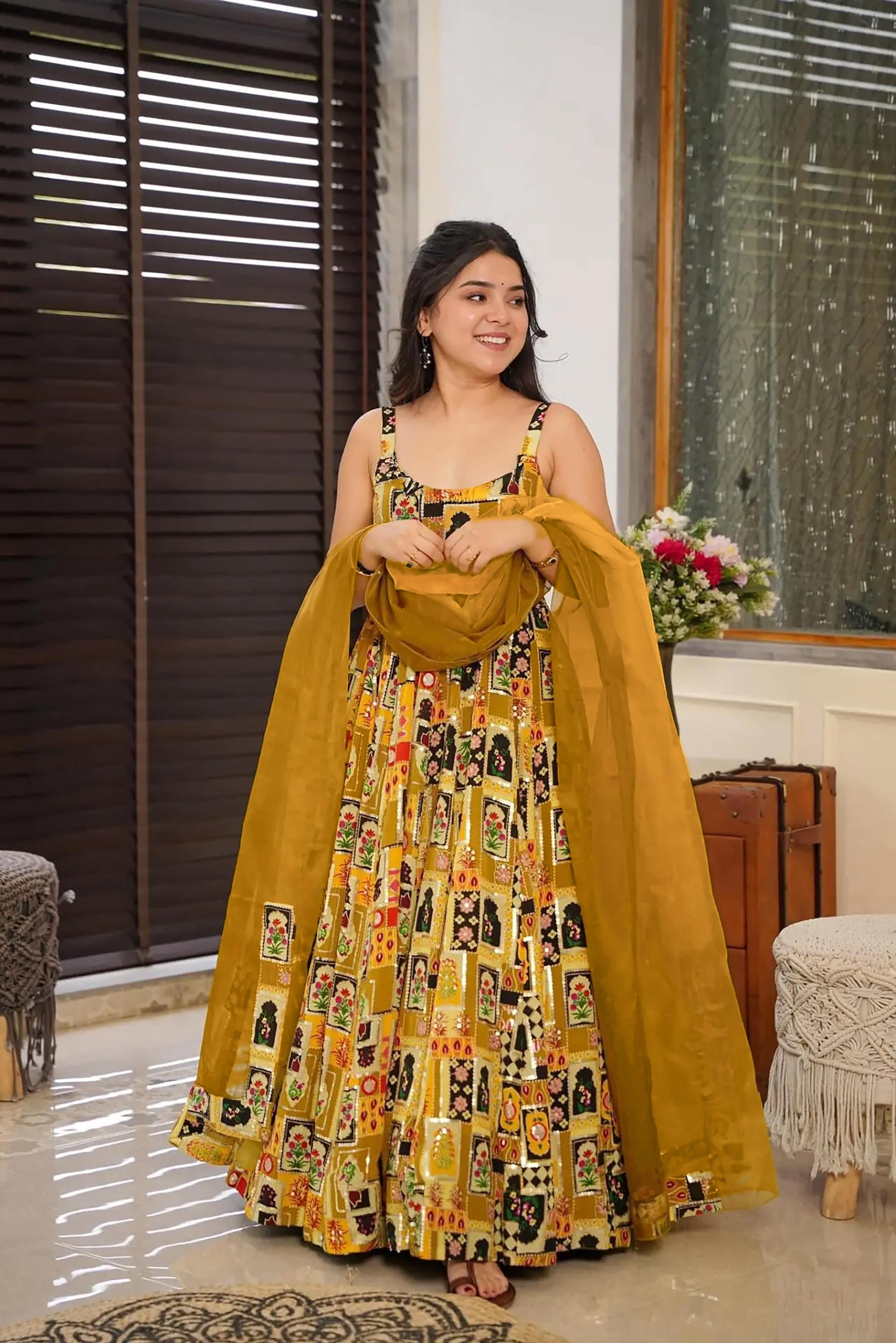 Sonakshi Women's Yellow Silk Digital Print Full Round Flair Anarkali Gown Set With Dupatta - Distacart
