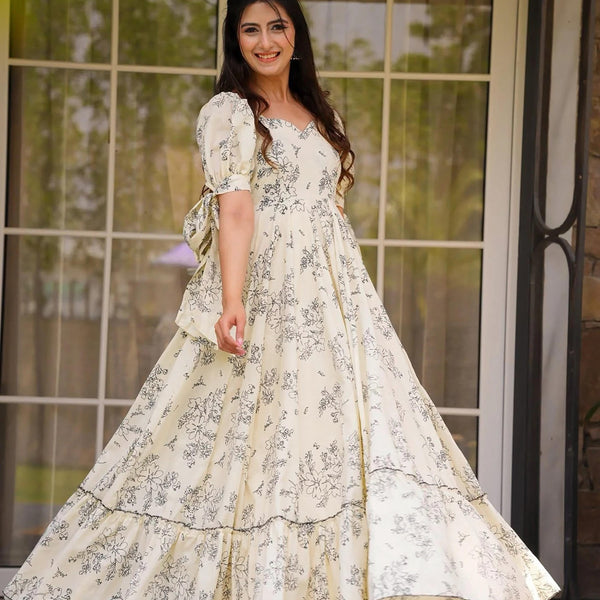 Sonakshi Women's Cream Rayon Digital Print Full Round Flair Anarkali Gown Set - Distacart