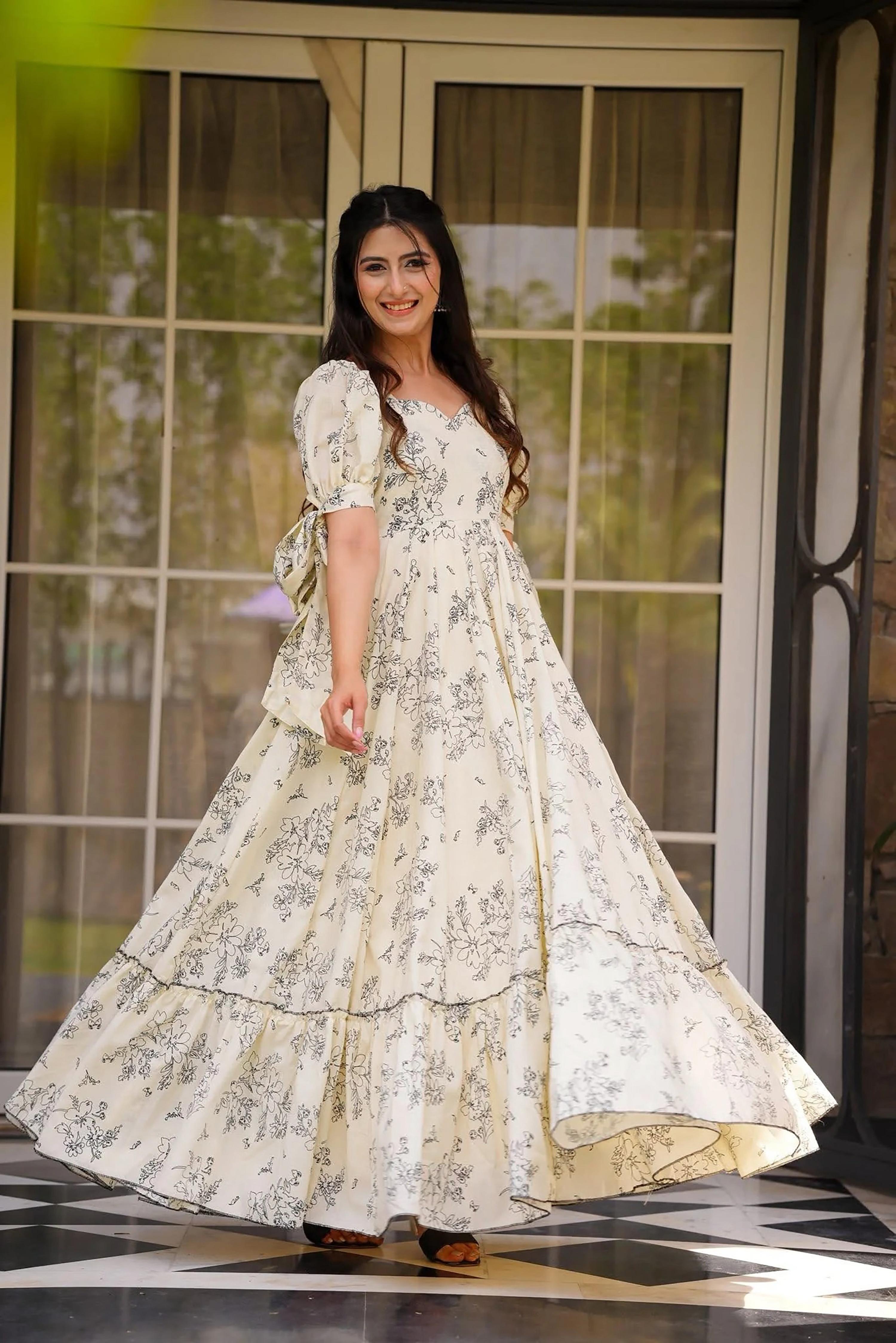 Sonakshi Women's Cream Rayon Digital Print Full Round Flair Anarkali Gown Set - Distacart
