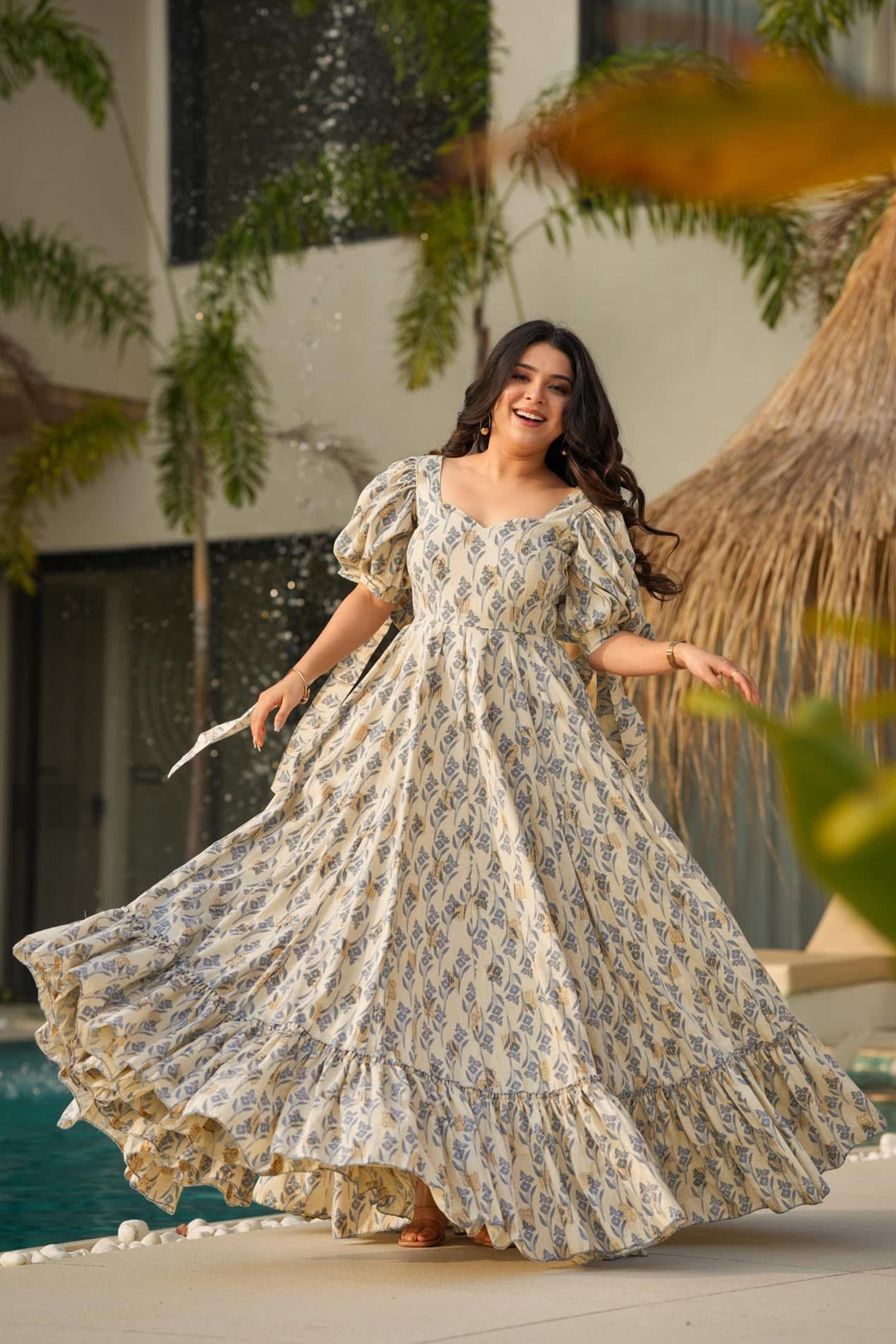 Sonakshi Women's Biscuit Rayon Digital Print Full Round Flair Anarkali Gown Set - Distacart