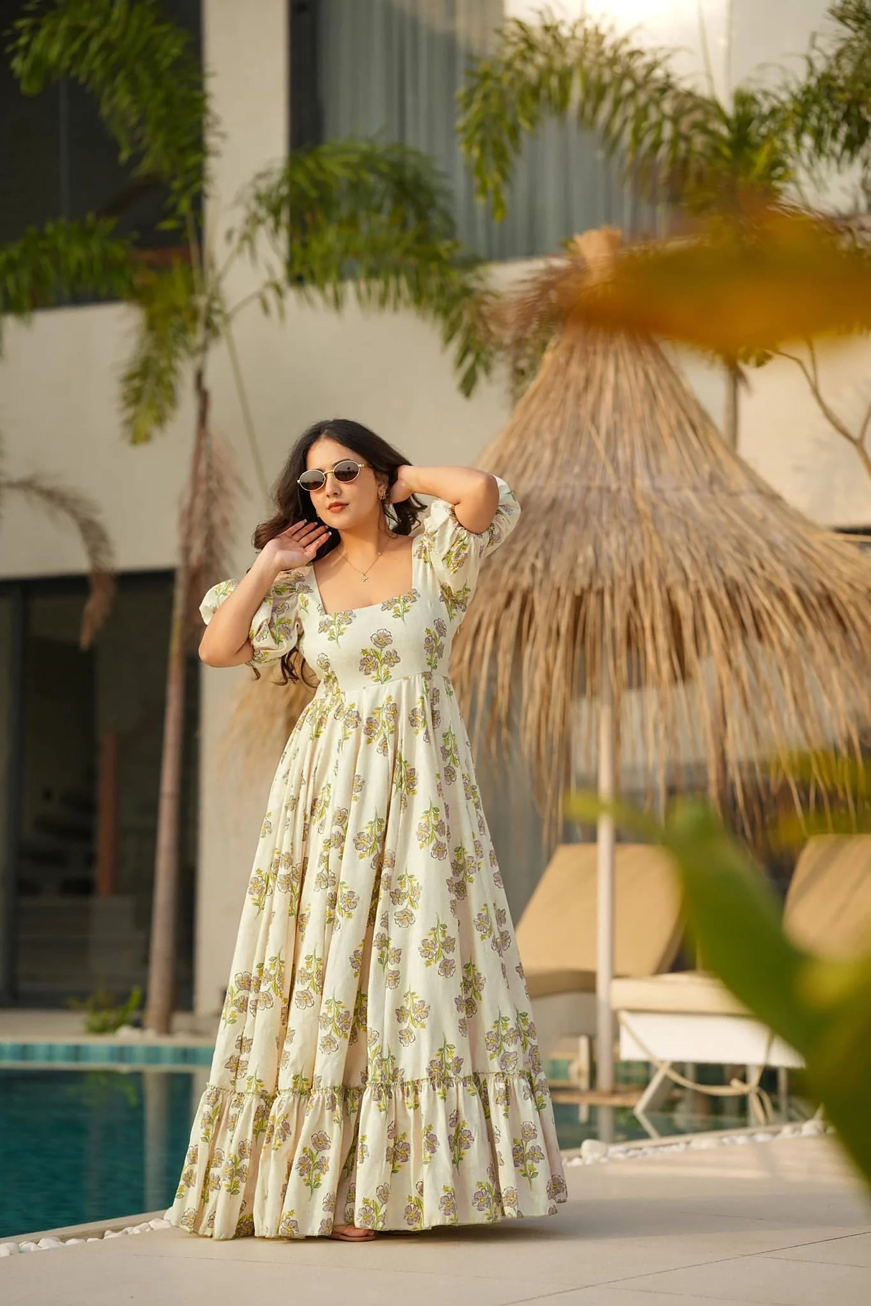 Sonakshi Women's Offwhite Rayon Digital Print Full Round Flair Anarkali Gown Set - Distacart