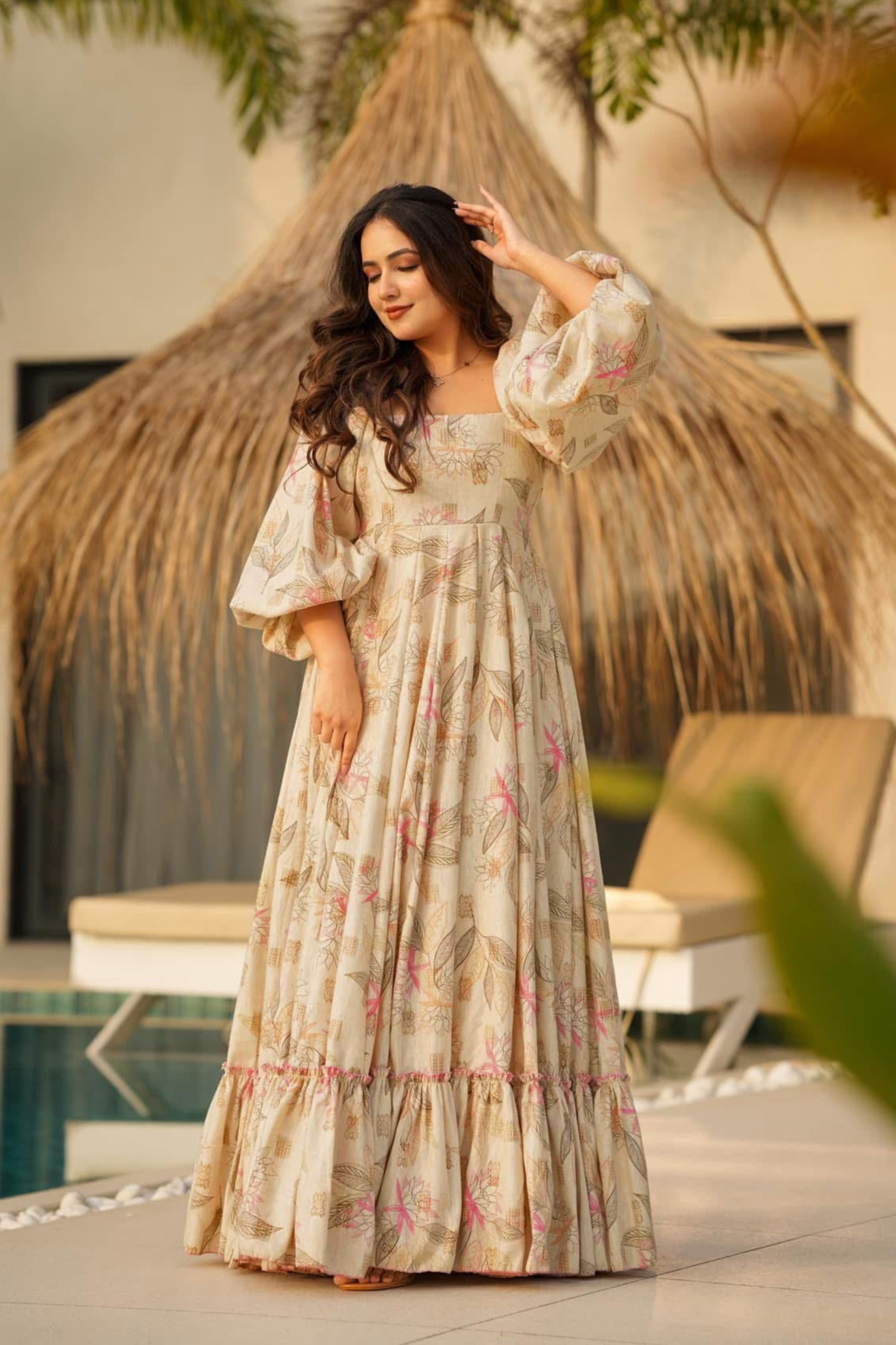 Sonakshi Women's Offwhite Rayon Digital Print Full Round Flair Anarkali Gown Set - Distacart