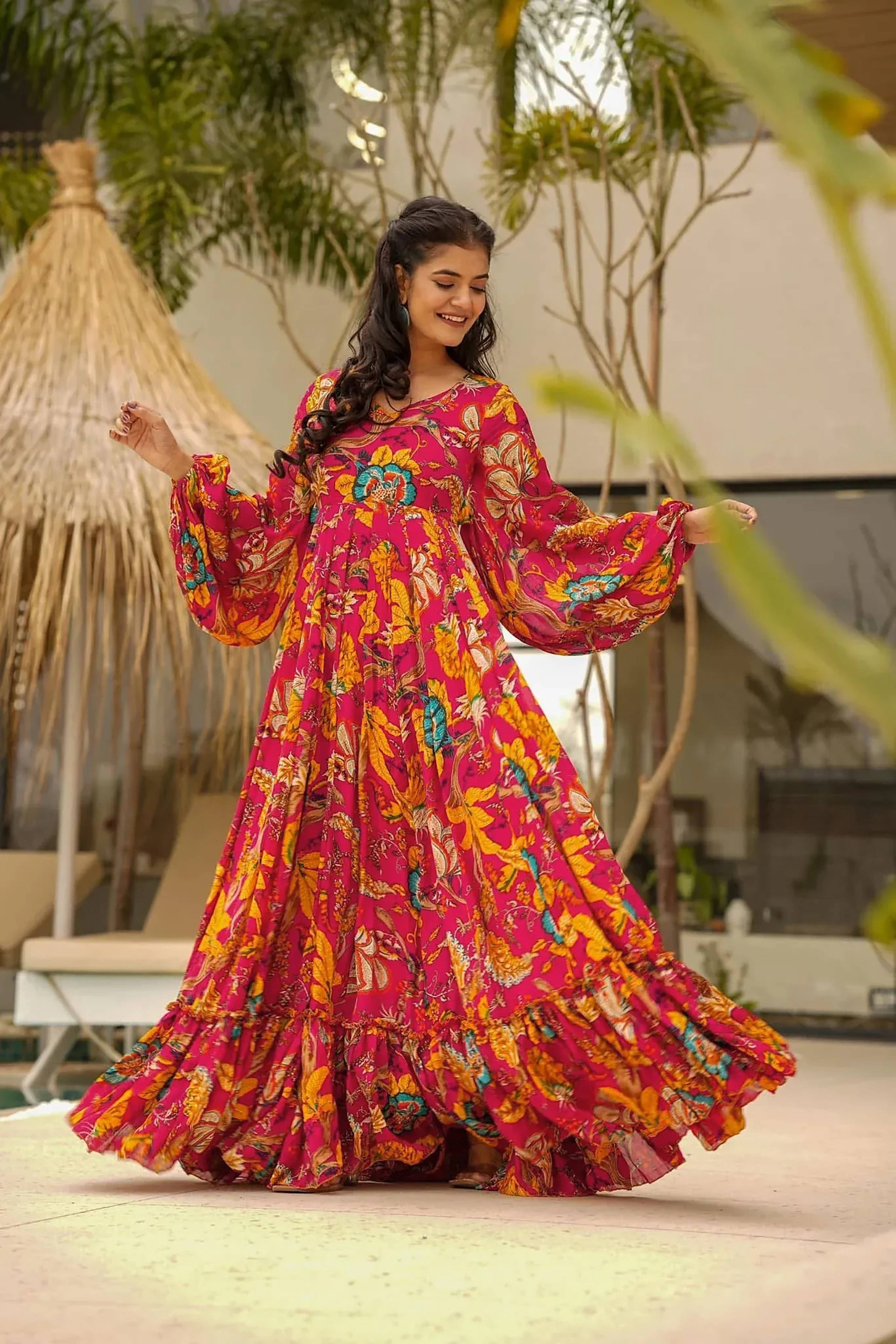 Sonakshi Women's Red Rayon Digital Print Full Round Flair Anarkali Gown Set