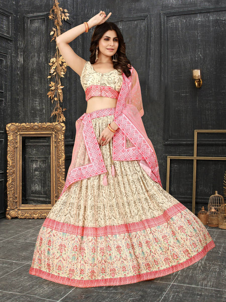 Sonakshi Women's White Chinon Silk Ajrakh Heavy digital Printed Lehenga Choli With Dupatta