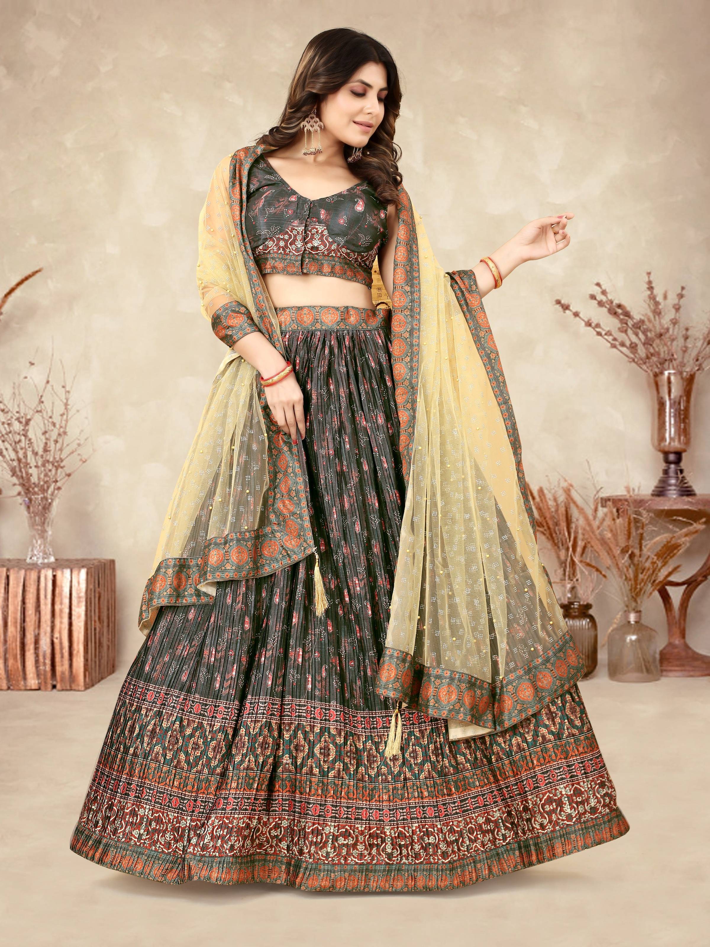 Sonakshi Women's Black Chinon Silk Ajrakh Heavy digital Printed Lehenga Choli With Dupatta