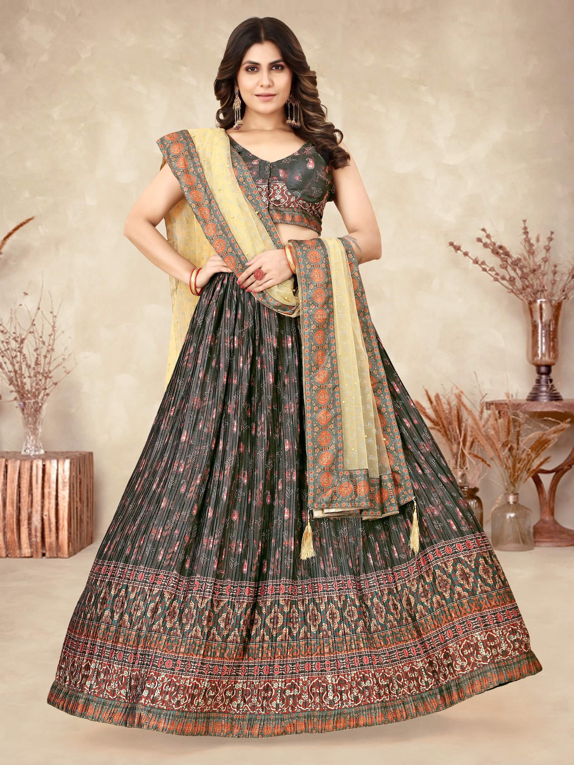 Sonakshi Women's Black Chinon Silk Ajrakh Heavy digital Printed Lehenga Choli With Dupatta
