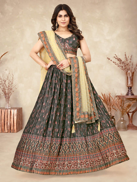 Sonakshi Women's Black Chinon Silk Ajrakh Heavy digital Printed Lehenga Choli With Dupatta