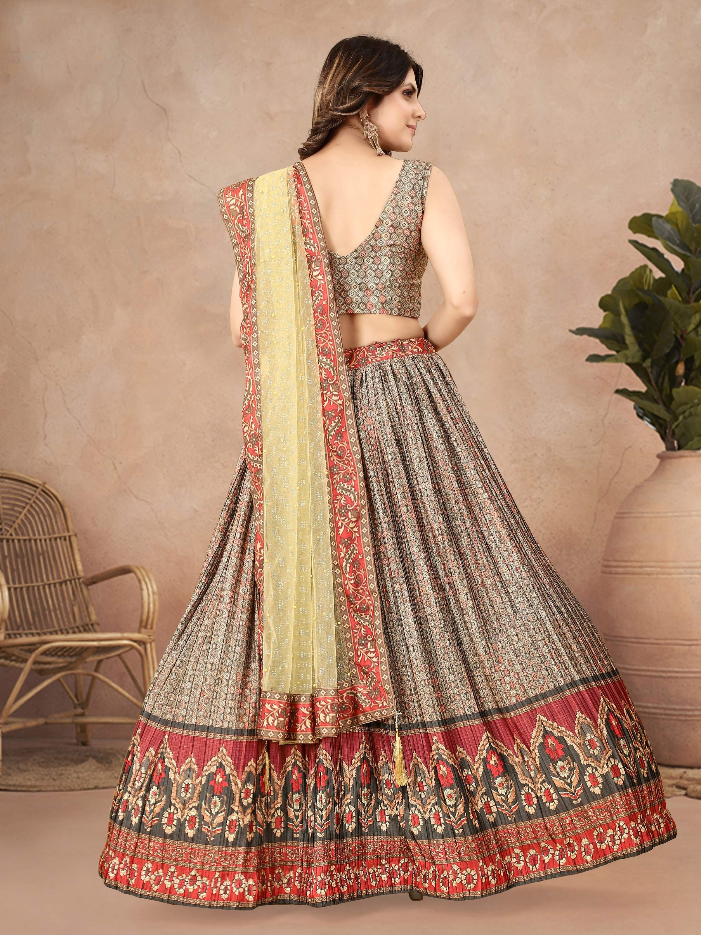 Sonakshi Women's Grey Chinon Silk Ajrakh Heavy digital Printed Lehenga Choli With Dupatta