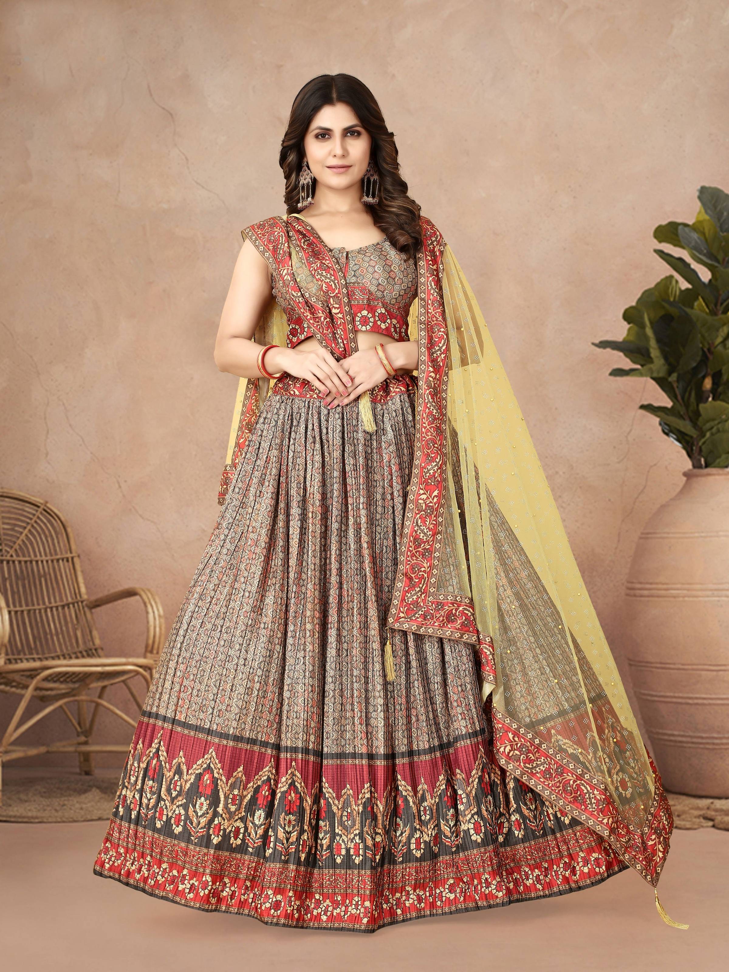 Sonakshi Women's Grey Chinon Silk Ajrakh Heavy digital Printed Lehenga Choli With Dupatta