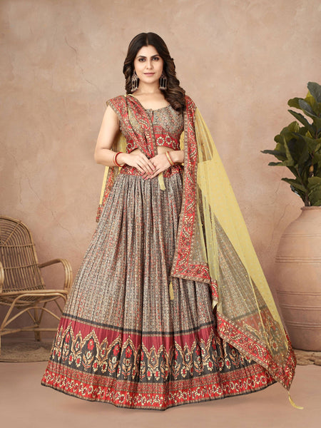 Sonakshi Women's Grey Chinon Silk Ajrakh Heavy digital Printed Lehenga Choli With Dupatta
