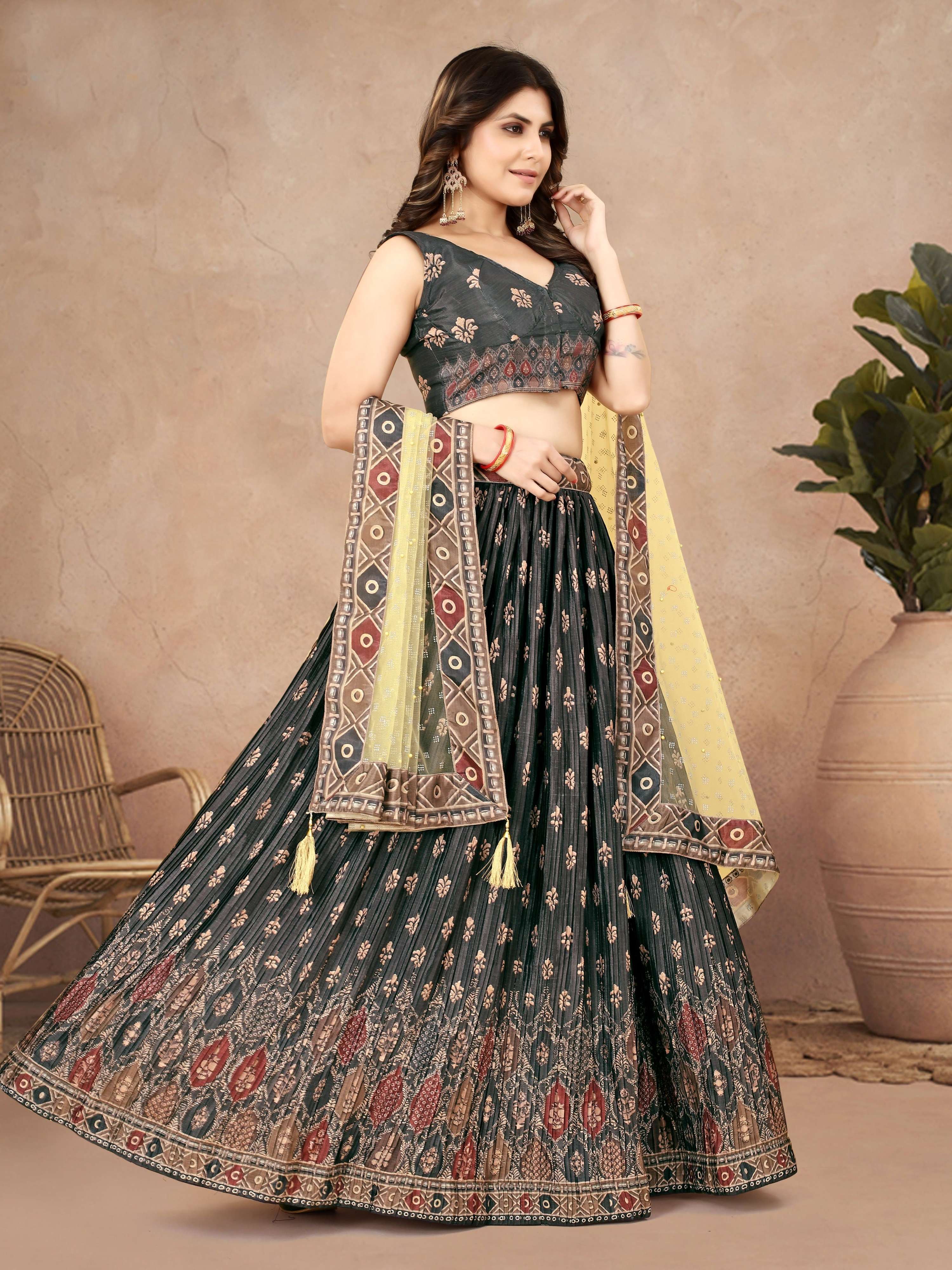 Sonakshi Women's Black Chinon Silk Ajrakh Heavy digital Printed Lehenga Choli With Dupatta