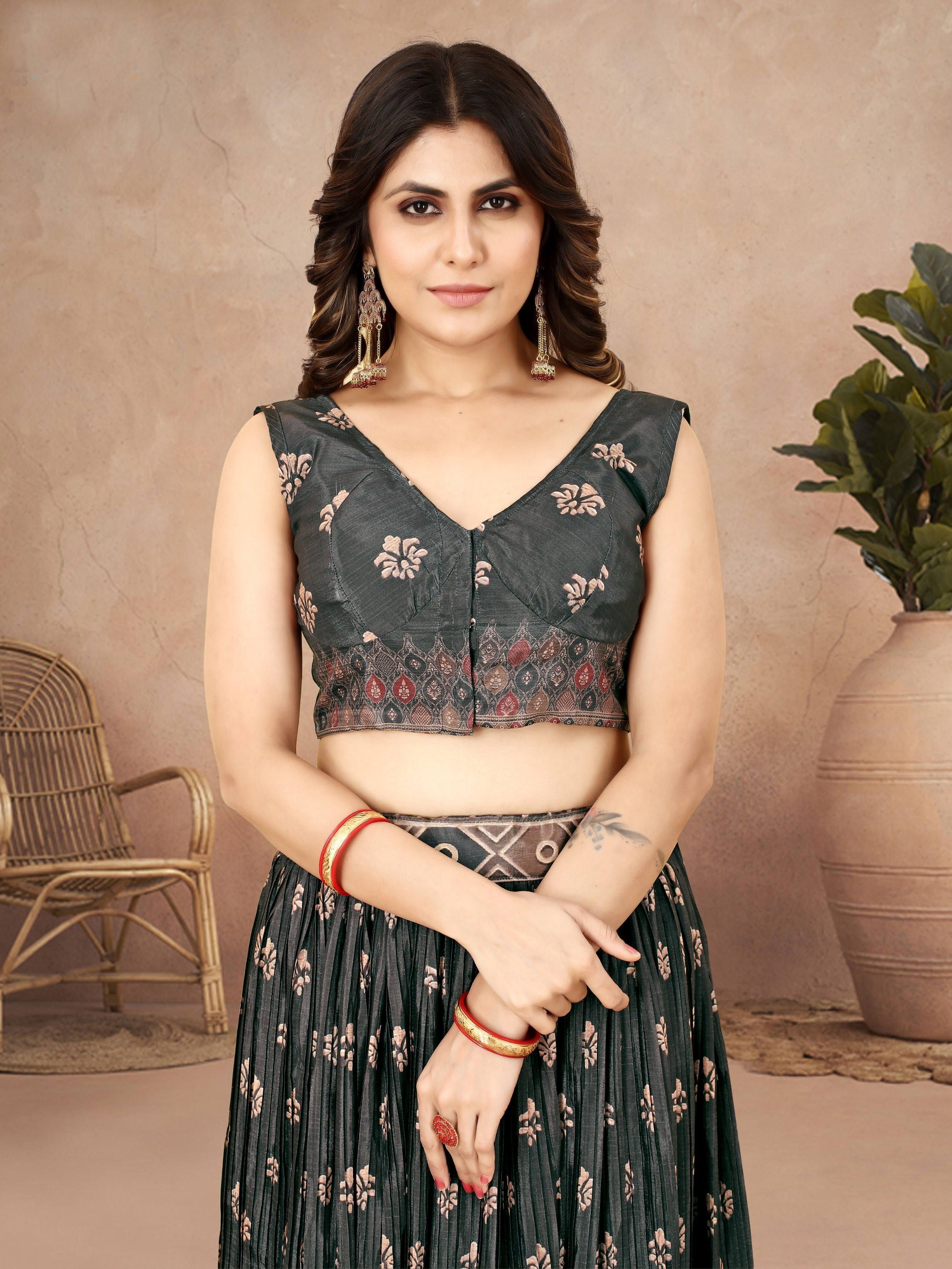 Sonakshi Women's Black Chinon Silk Ajrakh Heavy digital Printed Lehenga Choli With Dupatta