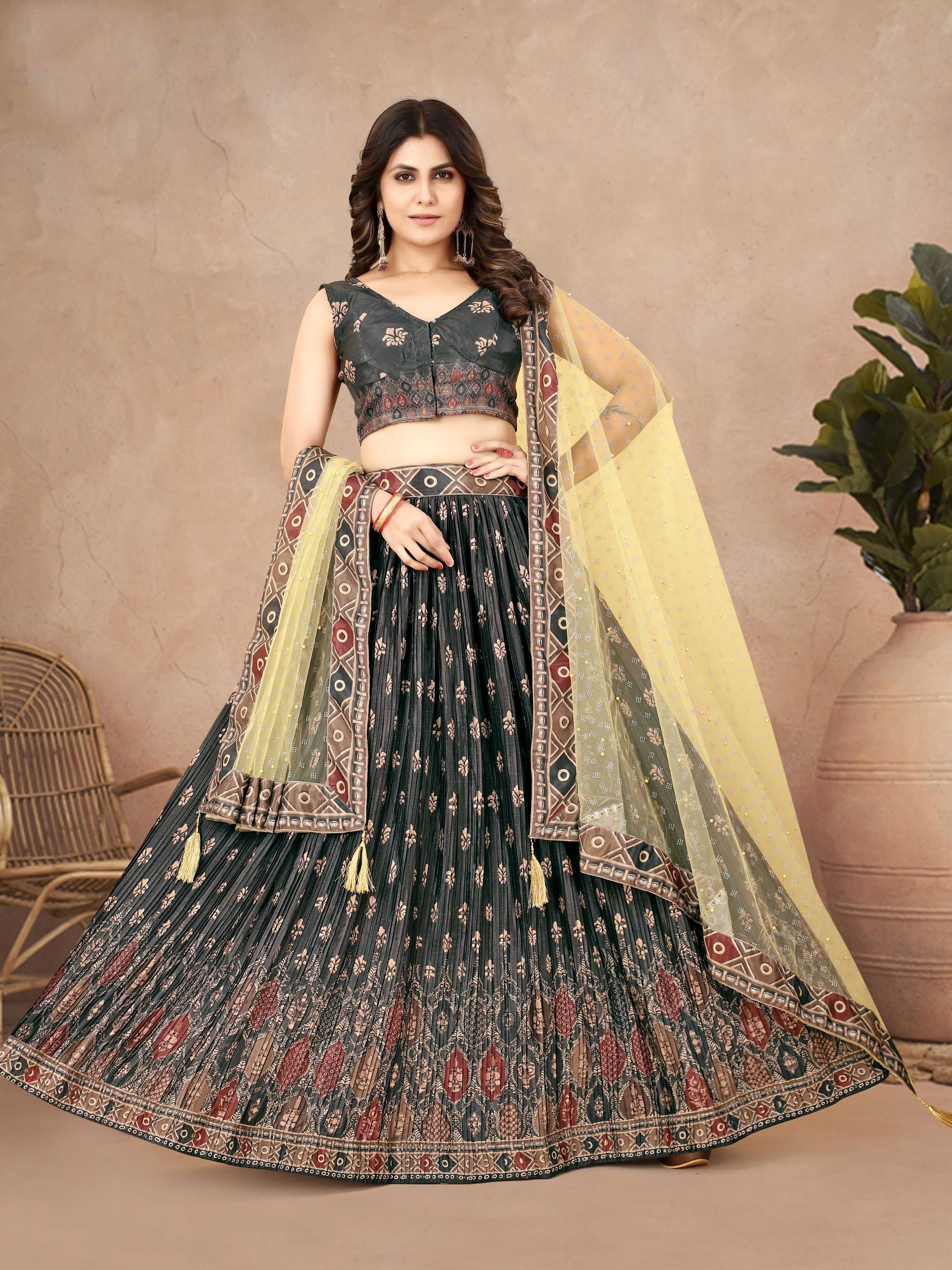 Sonakshi Women's Black Chinon Silk Ajrakh Heavy digital Printed Lehenga Choli With Dupatta