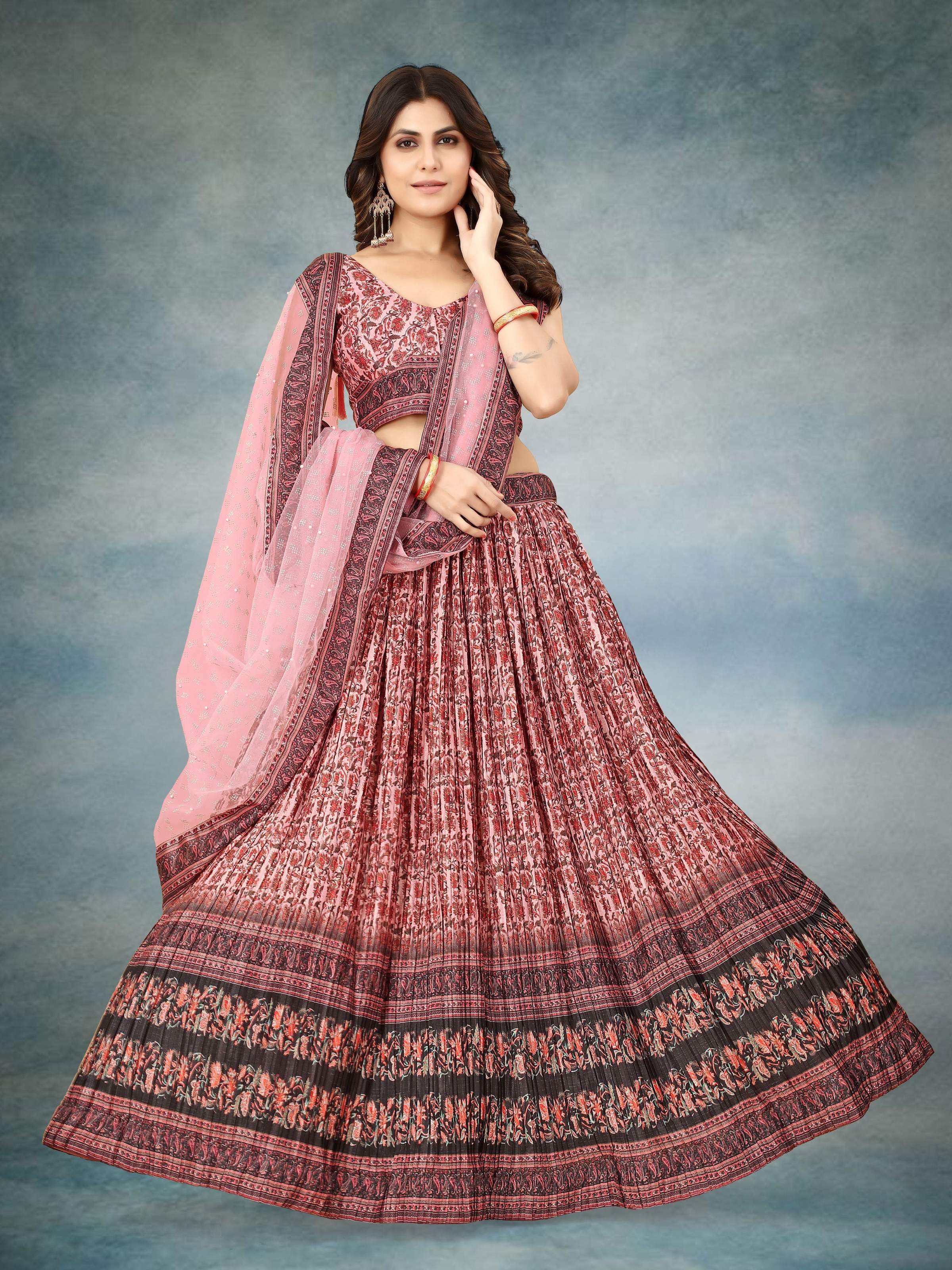 Sonakshi Women's Maroon Chinon Silk Ajrakh Heavy digital Printed Lehenga Choli With Dupatta - Distacart