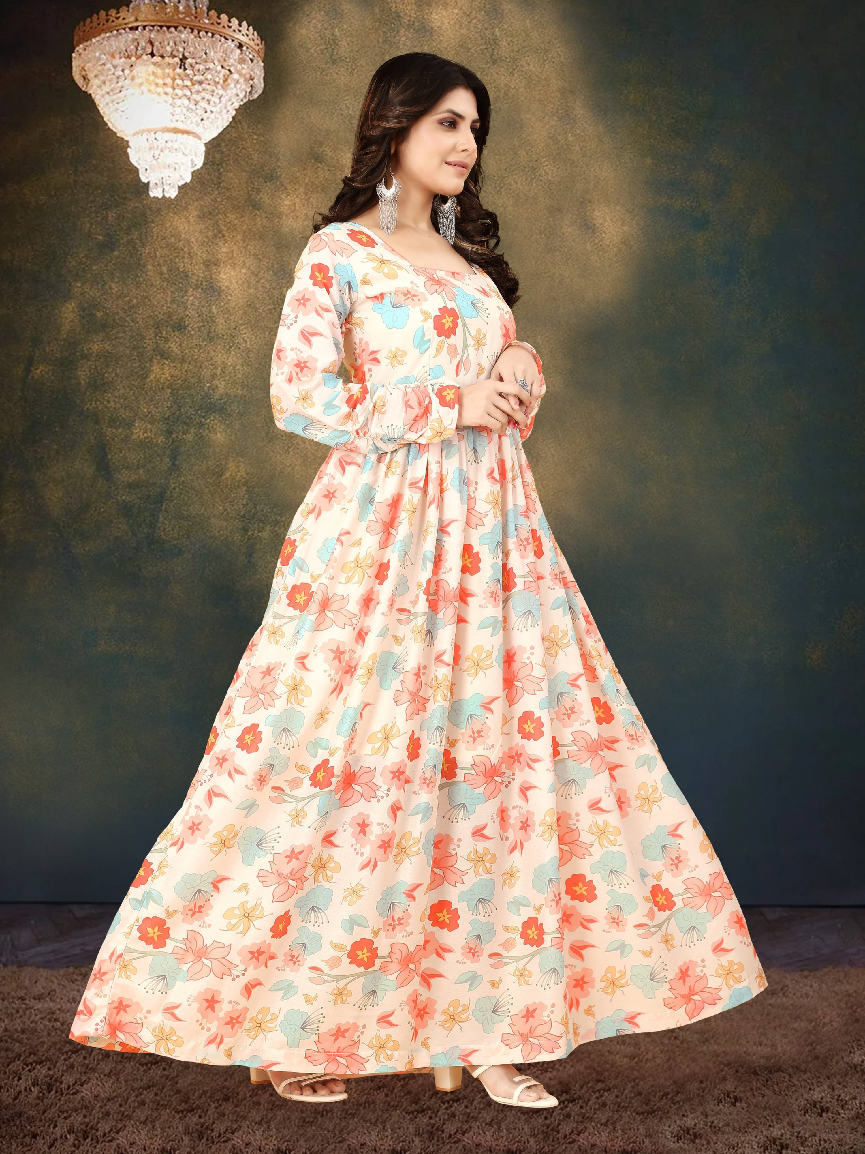 Sonakshi Women's Cream Muslin Digital Print Full Round Flair Anarkali Gown Set
