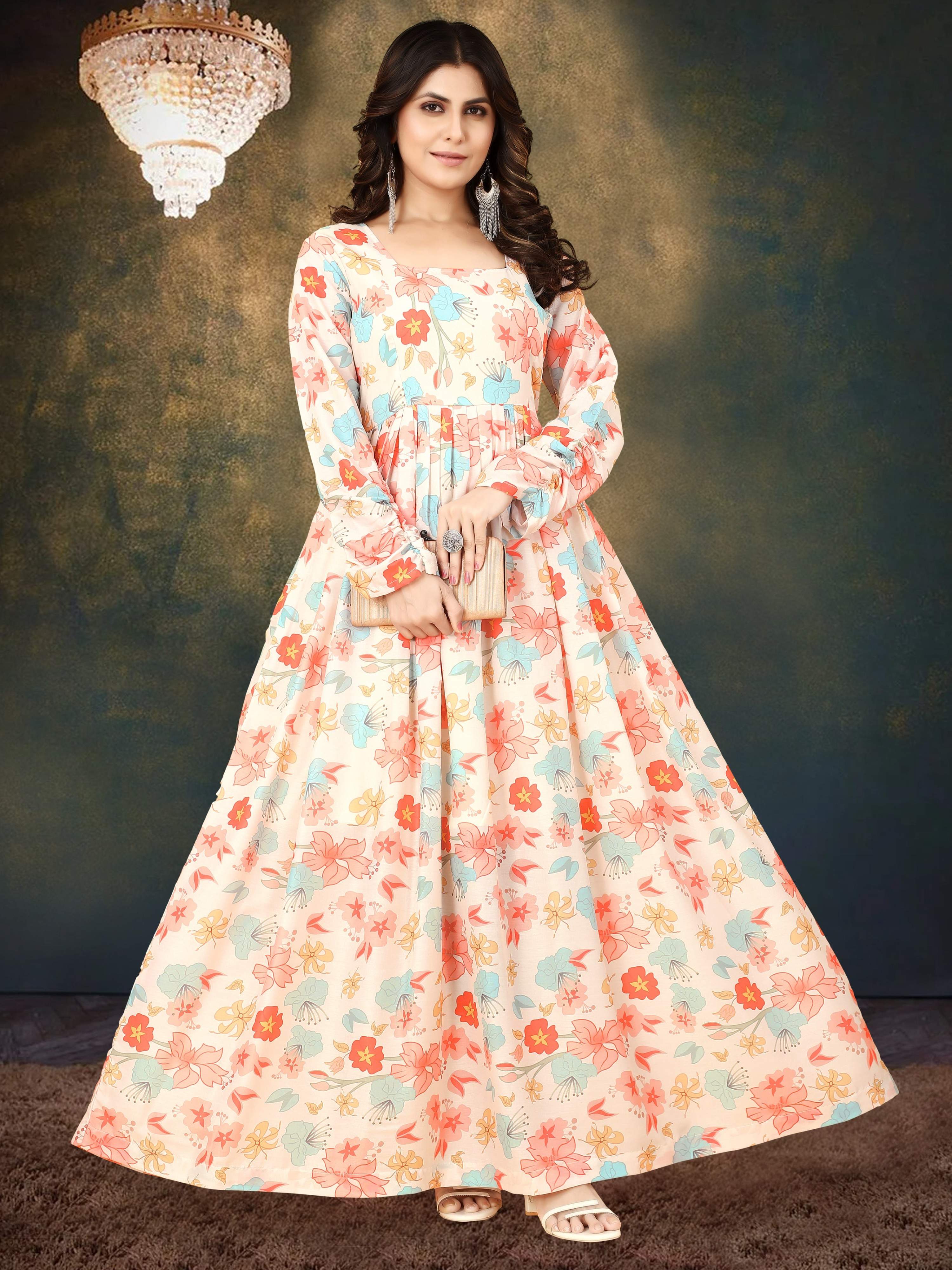 Sonakshi Women's Cream Muslin Digital Print Full Round Flair Anarkali Gown Set - Distacart