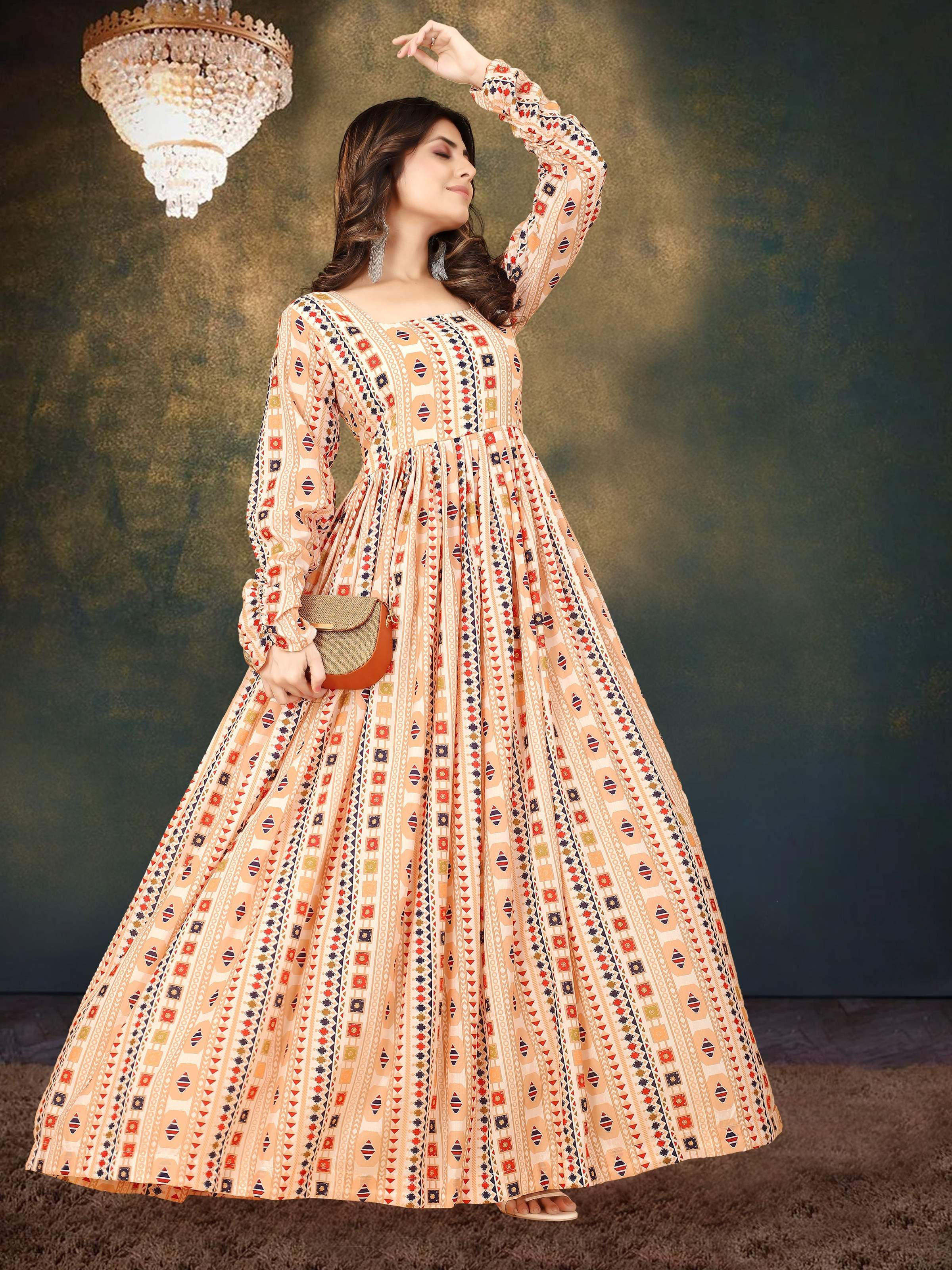 Sonakshi Women's Beige Muslin Digital Print Full Round Flair Anarkali Gown Set