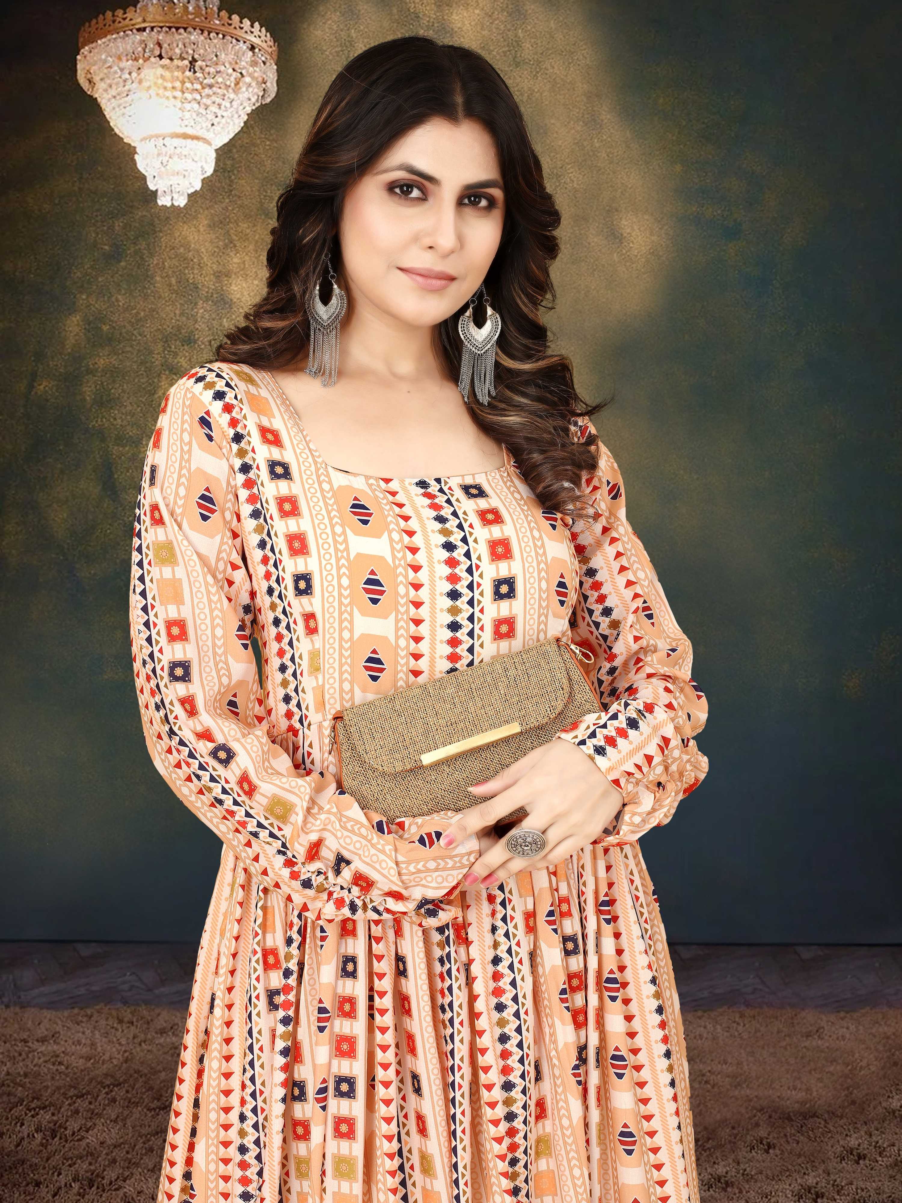 Sonakshi Women's Beige Muslin Digital Print Full Round Flair Anarkali Gown Set