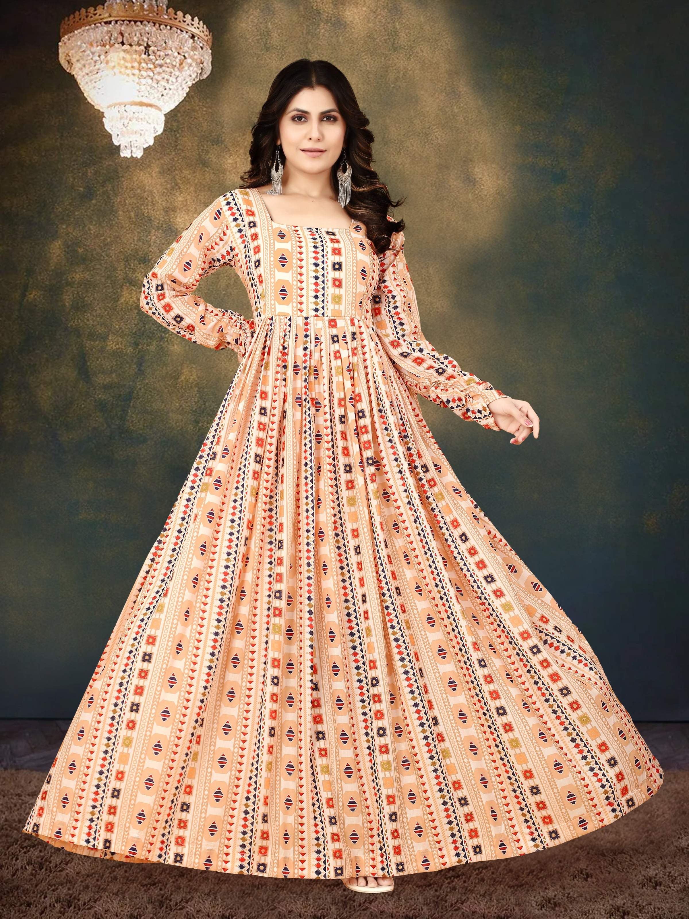 Sonakshi Women's Beige Muslin Digital Print Full Round Flair Anarkali Gown Set - Distacart