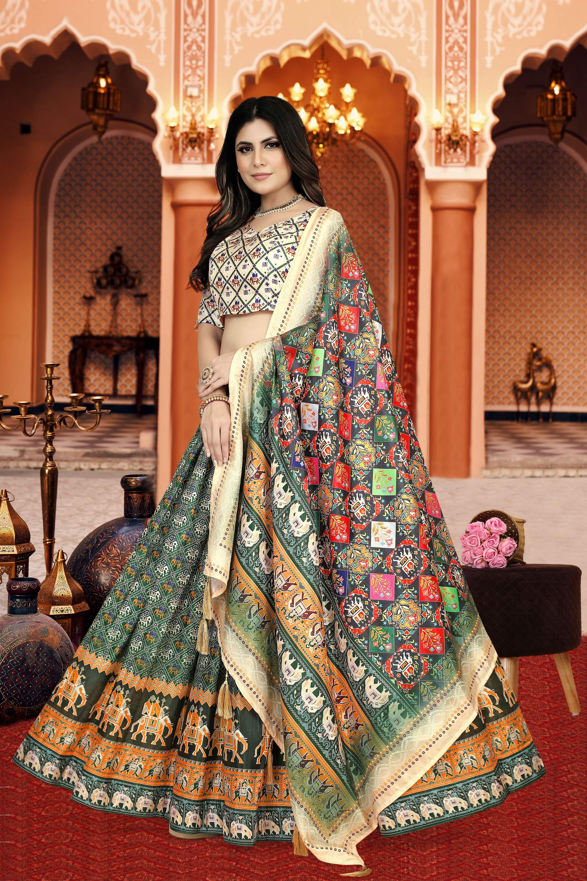 Sonakshi Women's Multicolor Dola Silk Digital Printed Lehenga Choli With Dupatta