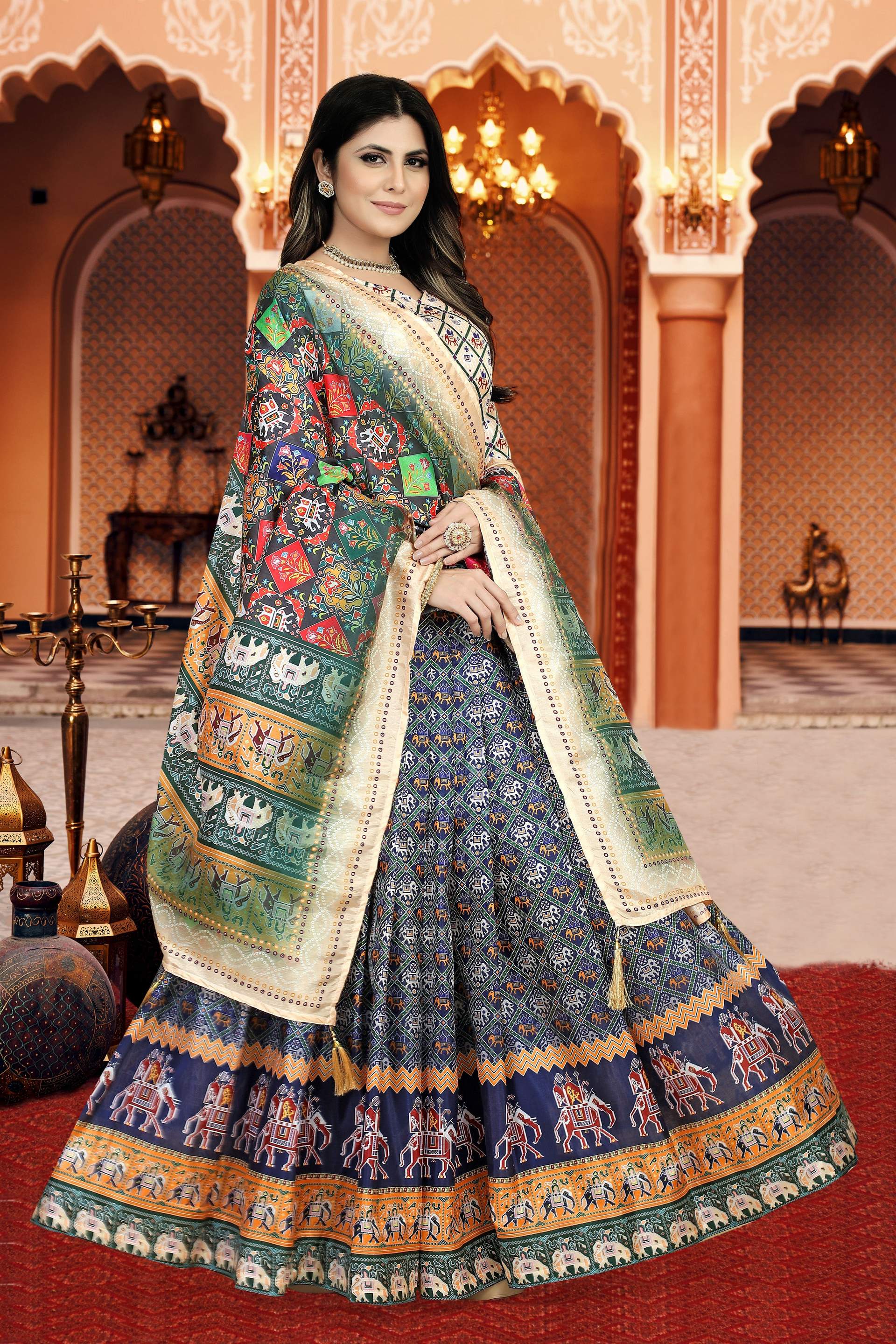 Sonakshi Women's Multicolor Dola Silk Digital Printed Lehenga Choli With Dupatta