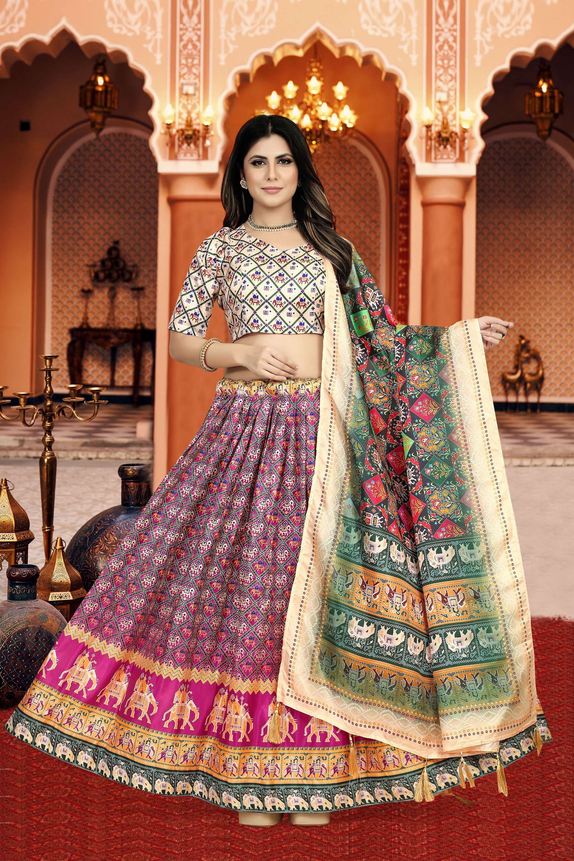 Sonakshi Women's Multicolor Dola Silk Digital Printed Lehenga Choli With Dupatta