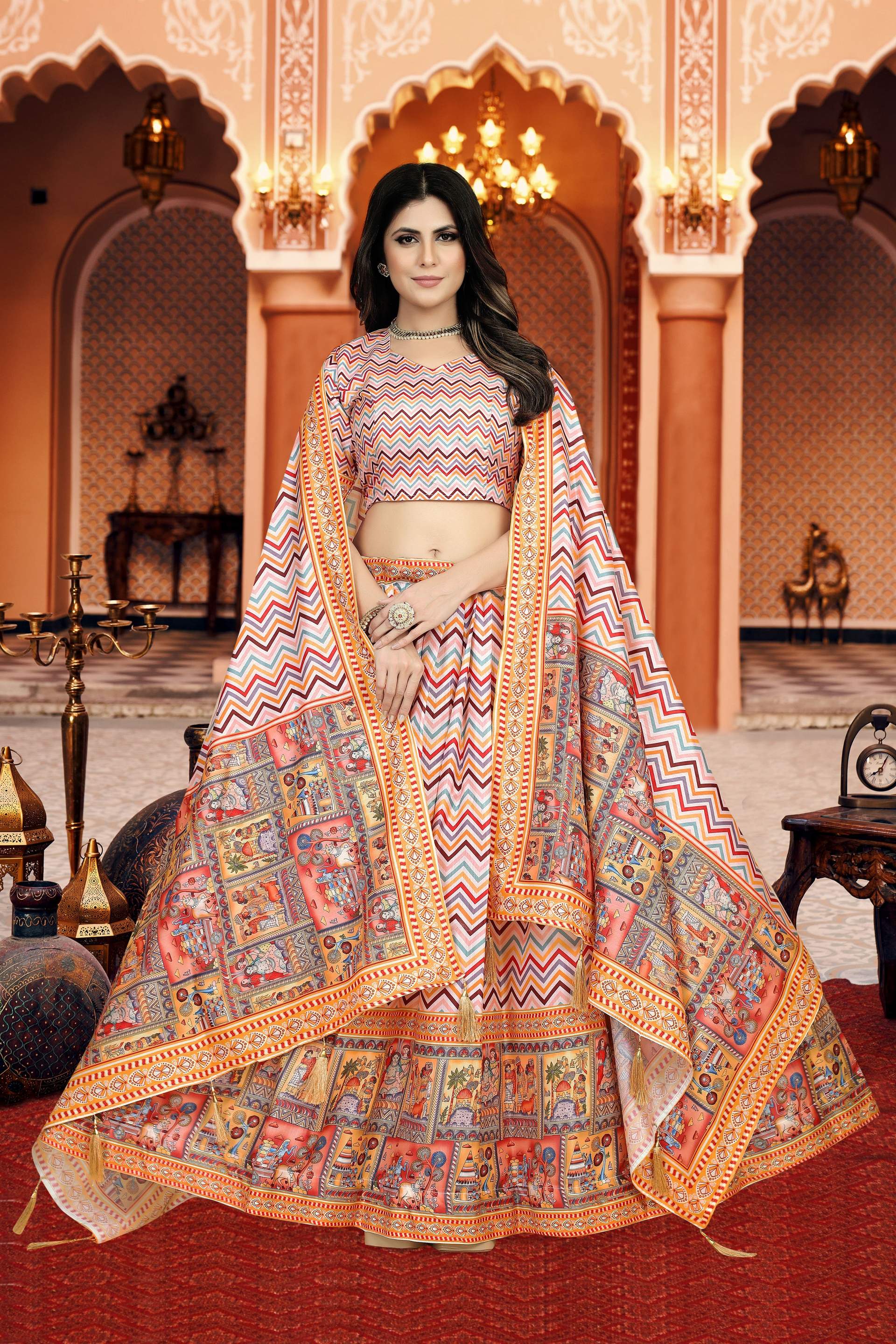 Sonakshi Women's Multicolor Dola Silk Digital Printed Lehenga Choli With Dupatta