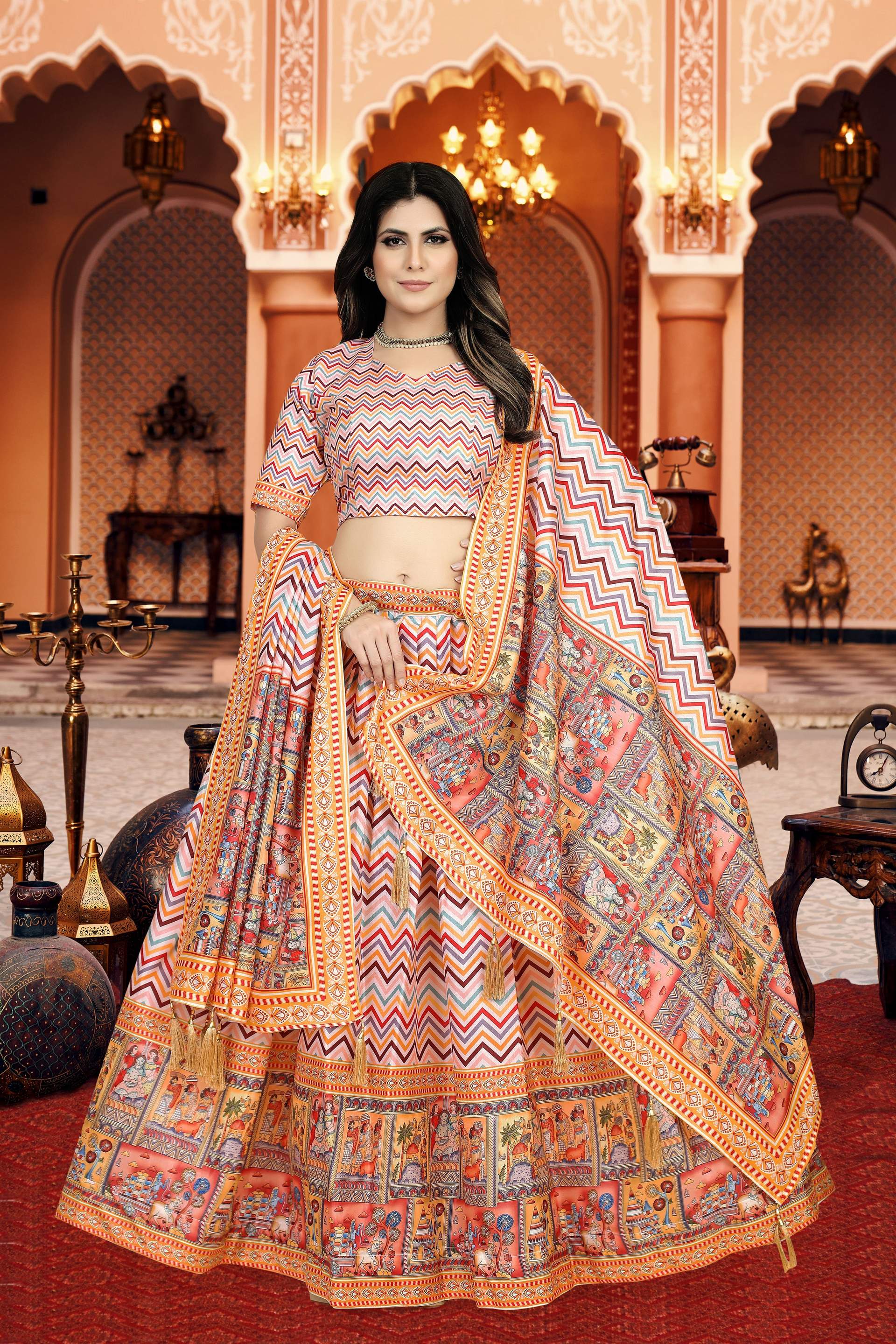 Sonakshi Women's Multicolor Dola Silk Digital Printed Lehenga Choli With Dupatta