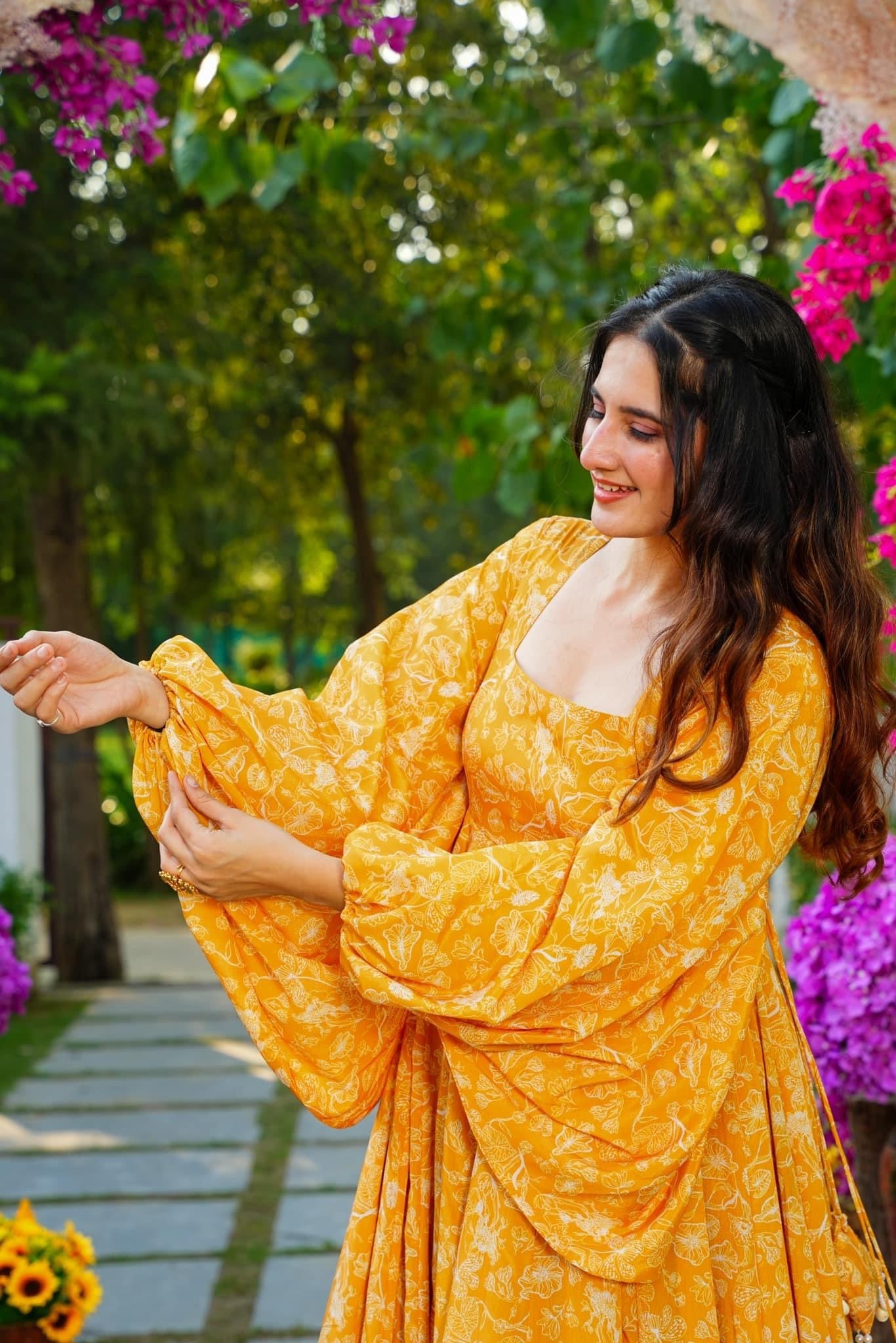 Sonakshi Women's Yellow Georgette Digital Print Full Round Flair Anarkali Gown Set