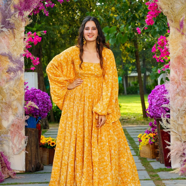 Sonakshi Women's Yellow Georgette Digital Print Full Round Flair Anarkali Gown Set - Distacart