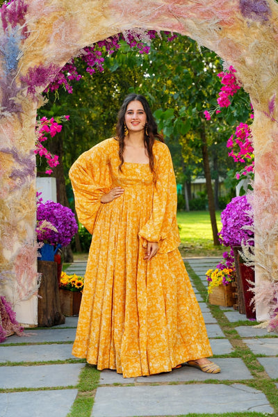 Sonakshi Women's Yellow Georgette Digital Print Full Round Flair Anarkali Gown Set