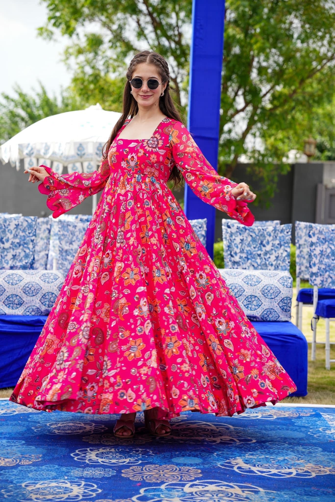 Sonakshi Women's Pink Georgette Digital Print Full Round Flair Anarkali Gown Set - Distacart