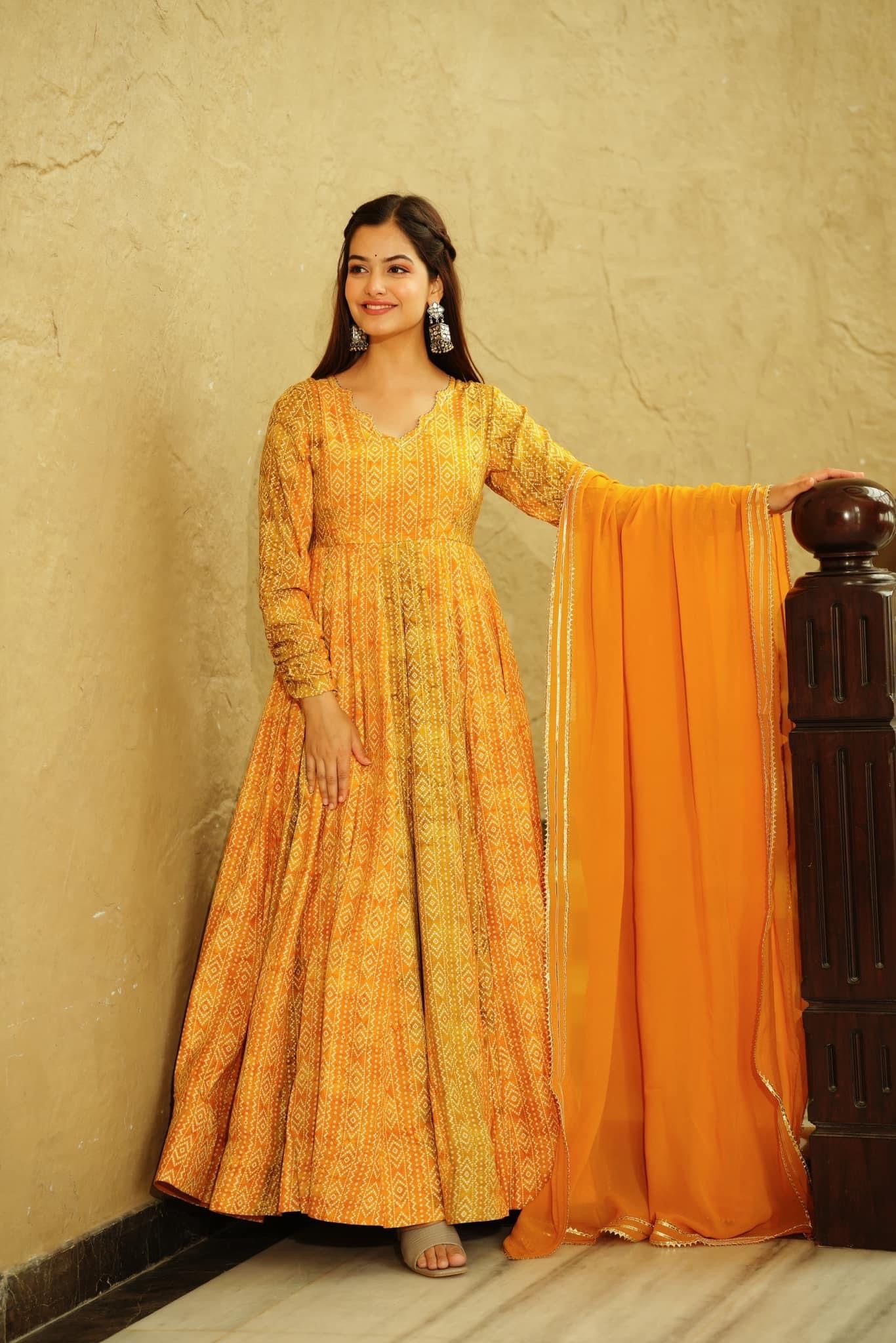 Sonakshi Women's Yellow Georgette Digital Print Full Round Flair Anarkali Gown Set With Dupatta