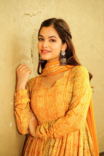 Thumbnail for Sonakshi Women's Yellow Georgette Digital Print Full Round Flair Anarkali Gown Set With Dupatta