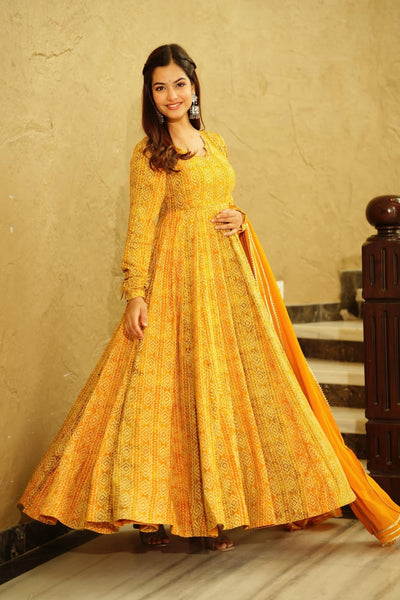 Sonakshi Women's Yellow Georgette Digital Print Full Round Flair Anarkali Gown Set With Dupatta