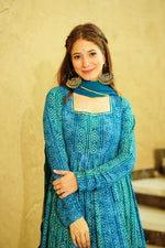 Thumbnail for Sonakshi Women's Blue Georgette Digital Print Full Round Flair Anarkali Gown Set With Dupatta