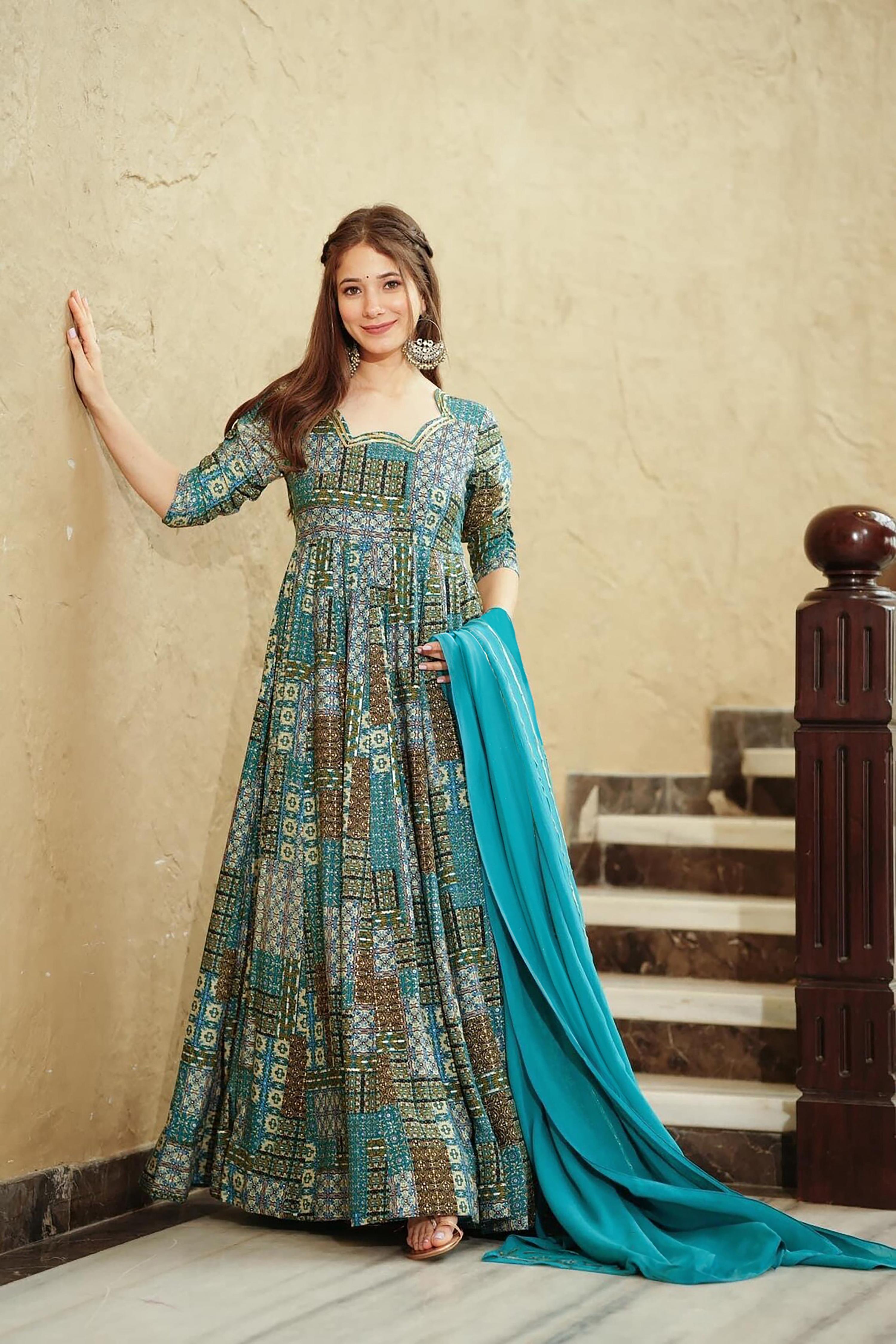 Sonakshi Women's Sky Blue Rayon Digital Print Full Round Flair Anarkali Gown Set With Dupatta