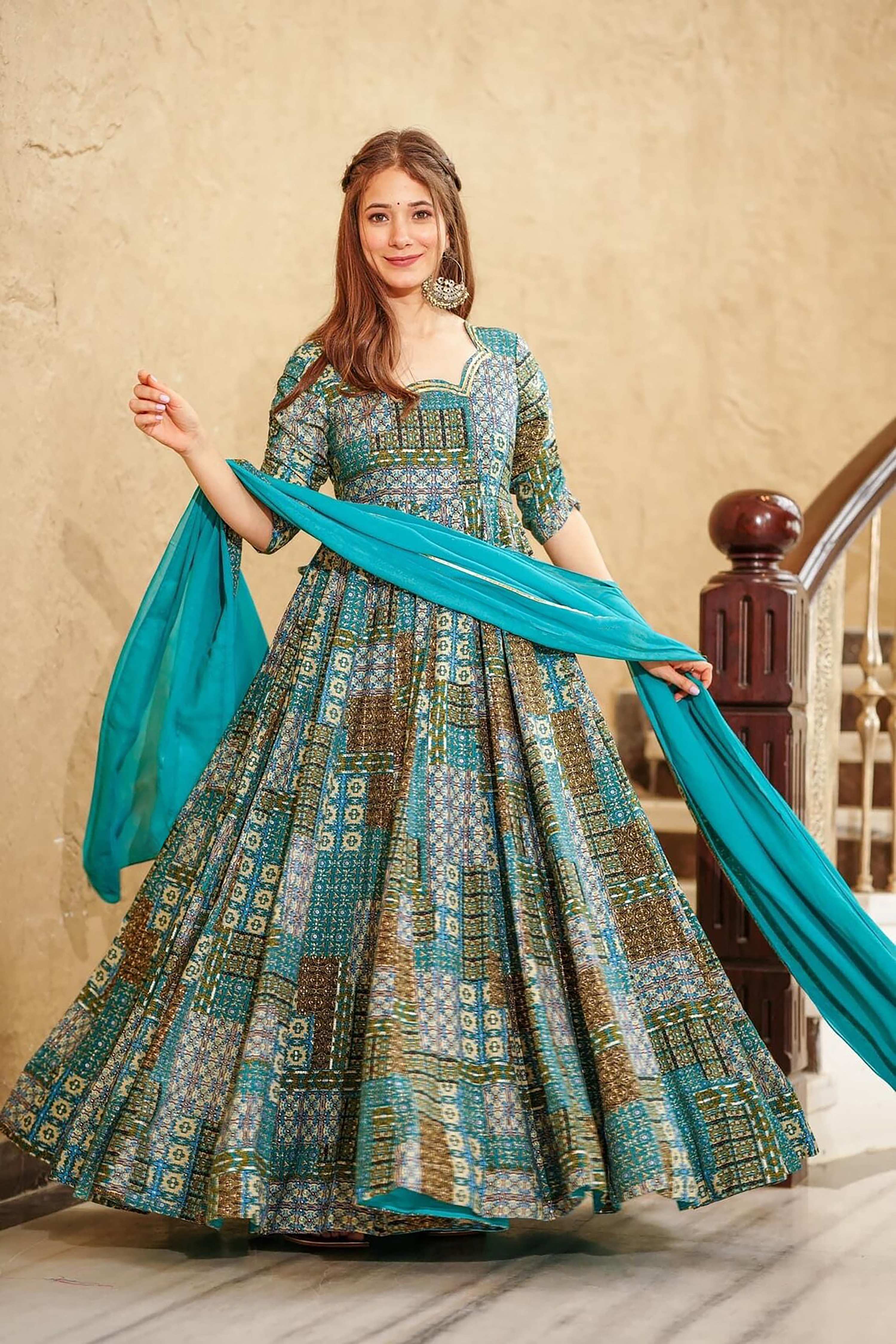 Sonakshi Women's Sky Blue Rayon Digital Print Full Round Flair Anarkali Gown Set With Dupatta